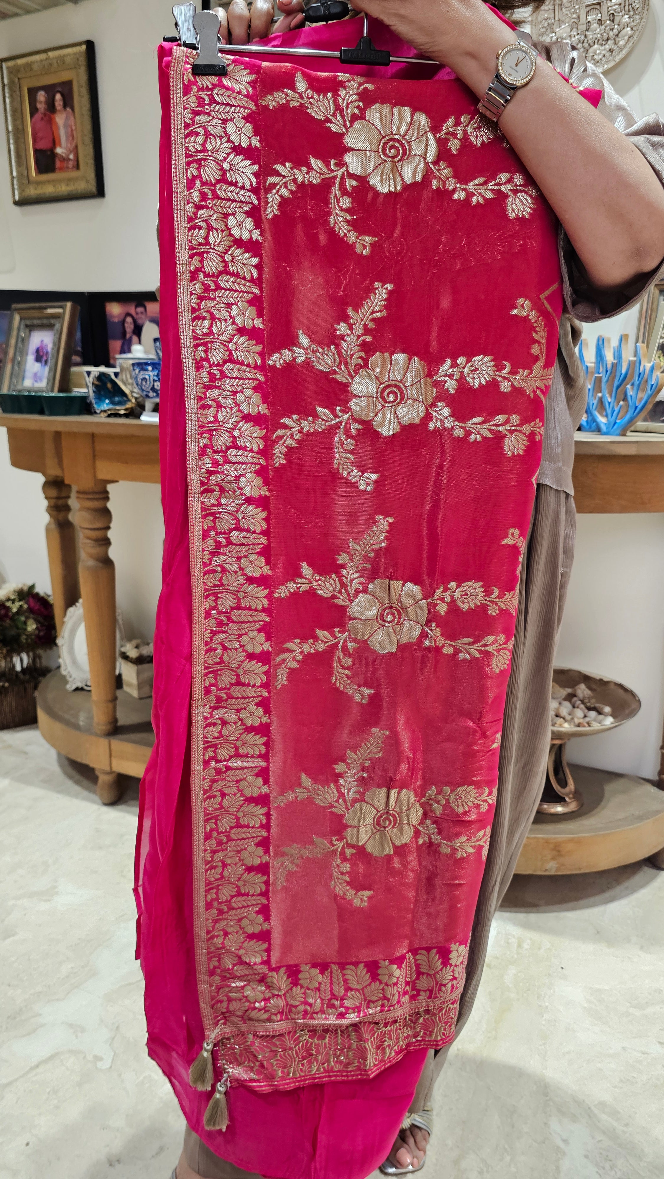 Beautiful Crepe Silk With leather Patch work Top with Upara silk Bottom & Banarasi Georgette Dupatta