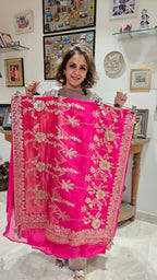 Beautiful Crepe Silk With leather Patch work Top with Upara silk Bottom & Banarasi Georgette Dupatta
