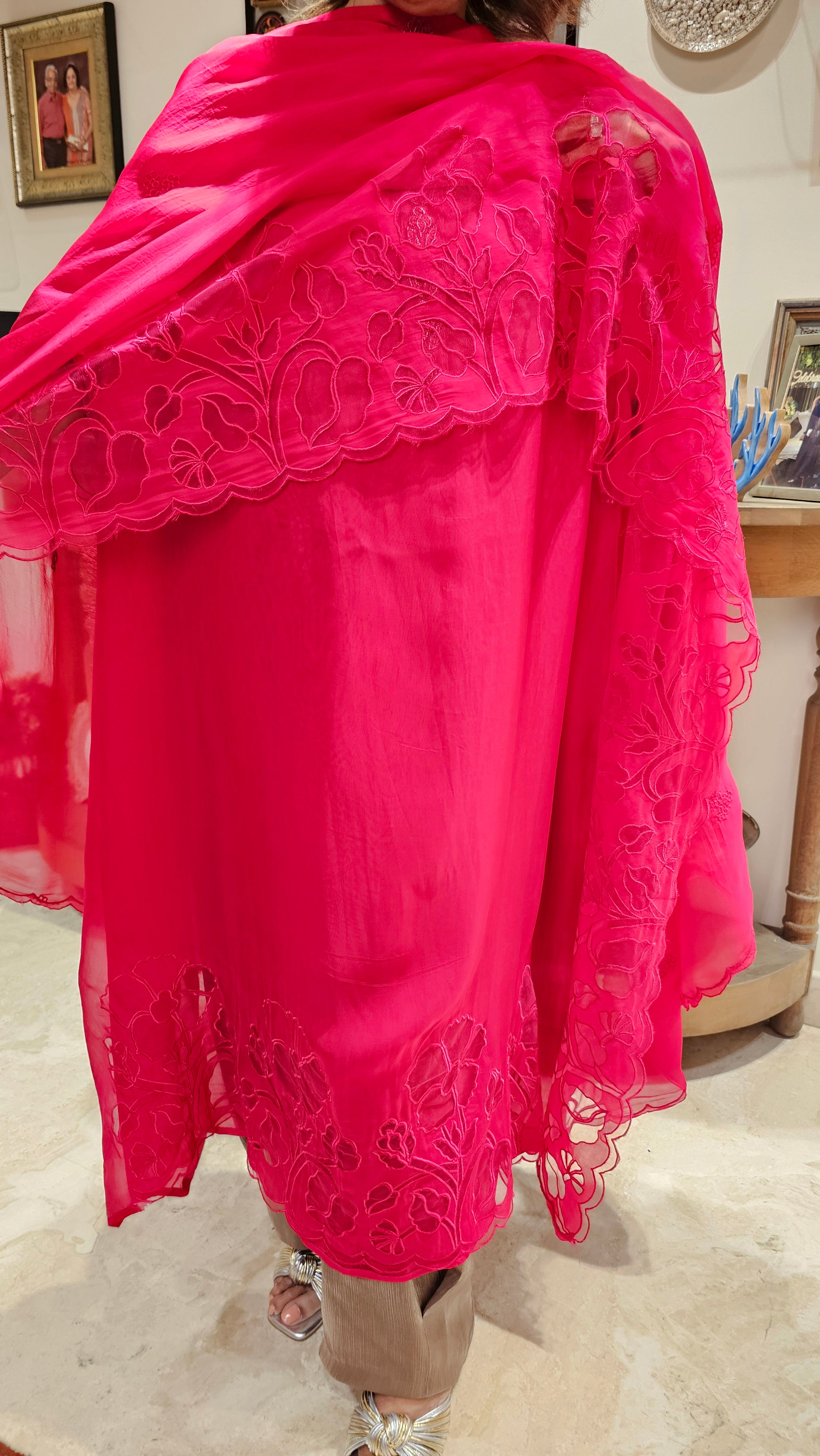 Beautiful Soft Organza Shirt & dupatta With Net Cut Work & Upara Silk Bottom