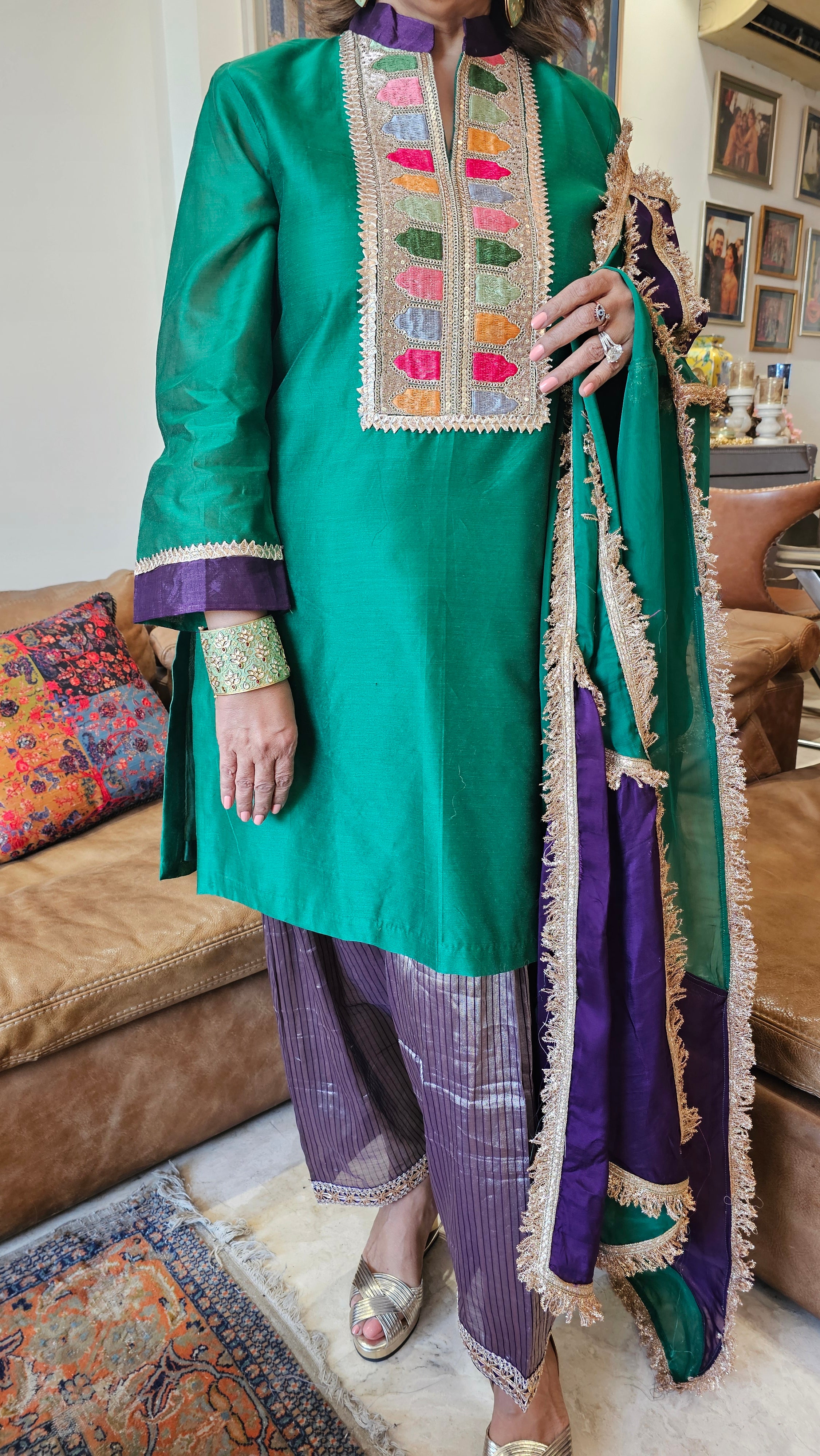 Stunning pure stripe tissue with silk chanderi dressed with gota kinari and multicolour borders combined with most stunning organza Dupatta