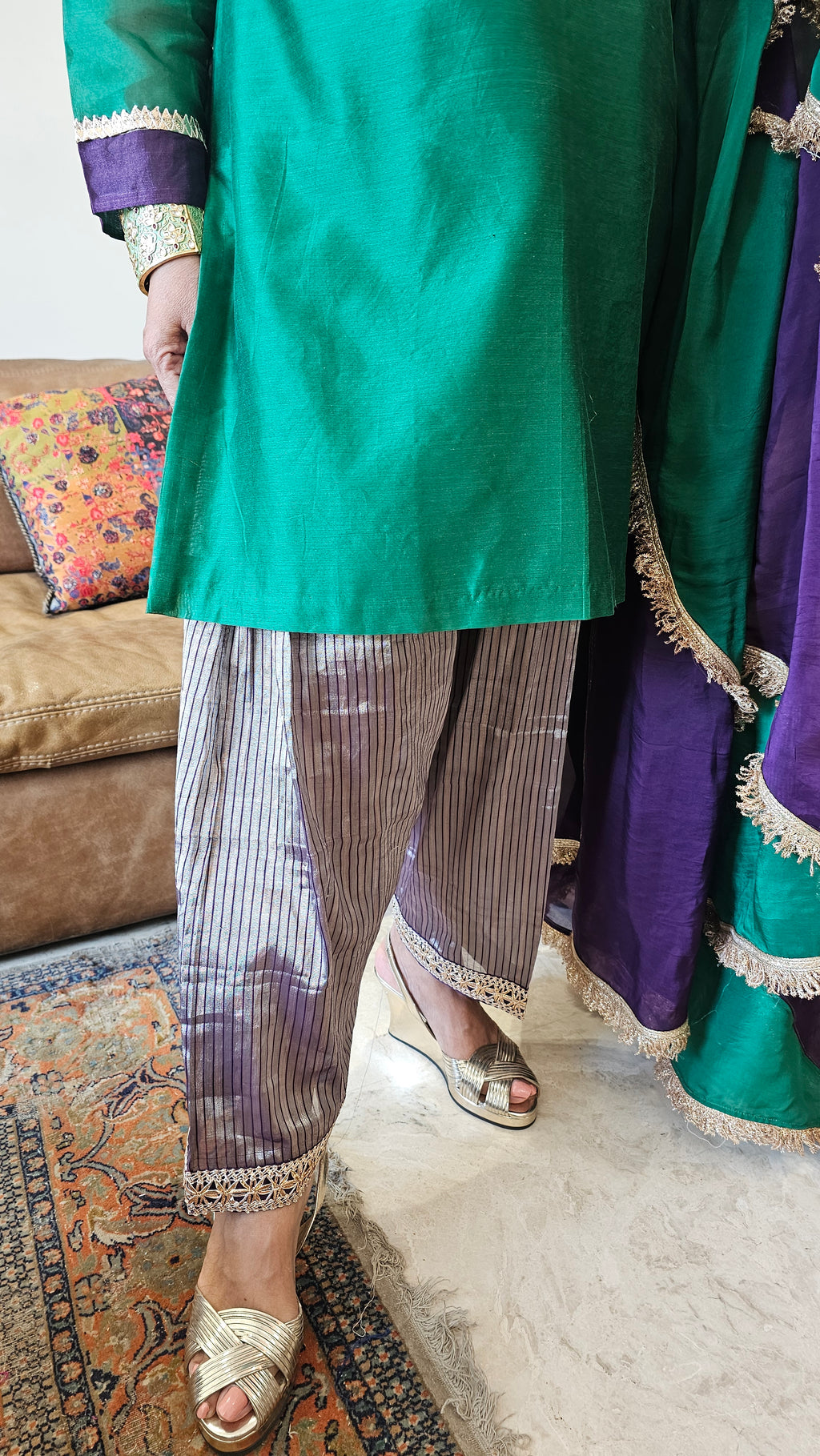 Stunning pure stripe tissue with silk chanderi dressed with gota kinari and multicolour borders combined with most stunning organza Dupatta