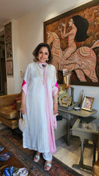 Pretty Satin Strip with Lining Shirt & Satin Jacquard Pants Fully Lined Dressed with Coloured Satin Scarf & Sleeves