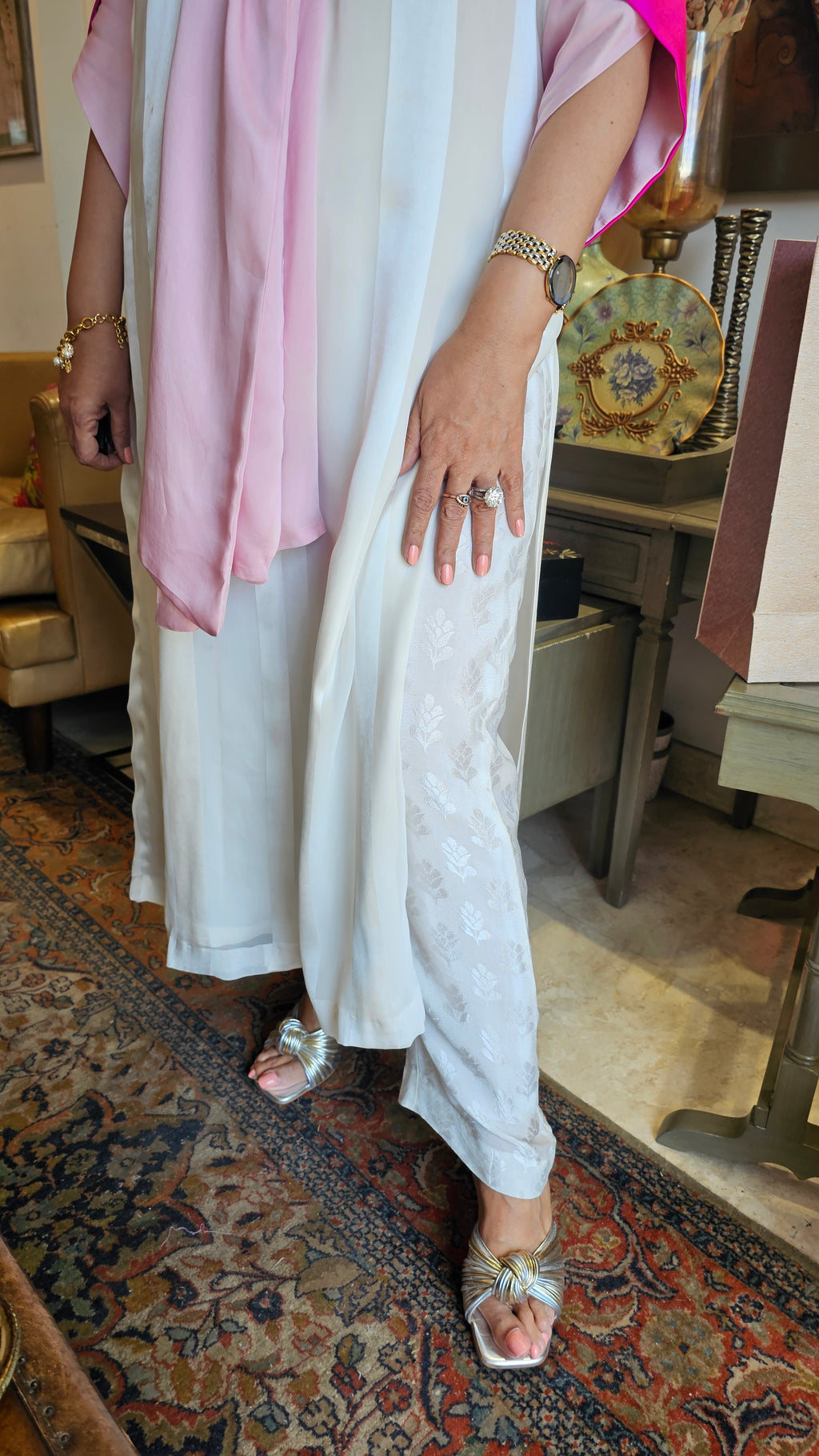 Pretty Satin Strip with Lining Shirt & Satin Jacquard Pants Fully Lined Dressed with Coloured Satin Scarf & Sleeves