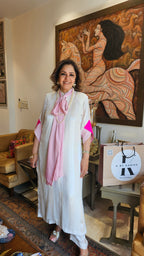 Pretty Satin Strip with Lining Shirt & Satin Jacquard Pants Fully Lined Dressed with Coloured Satin Scarf & Sleeves