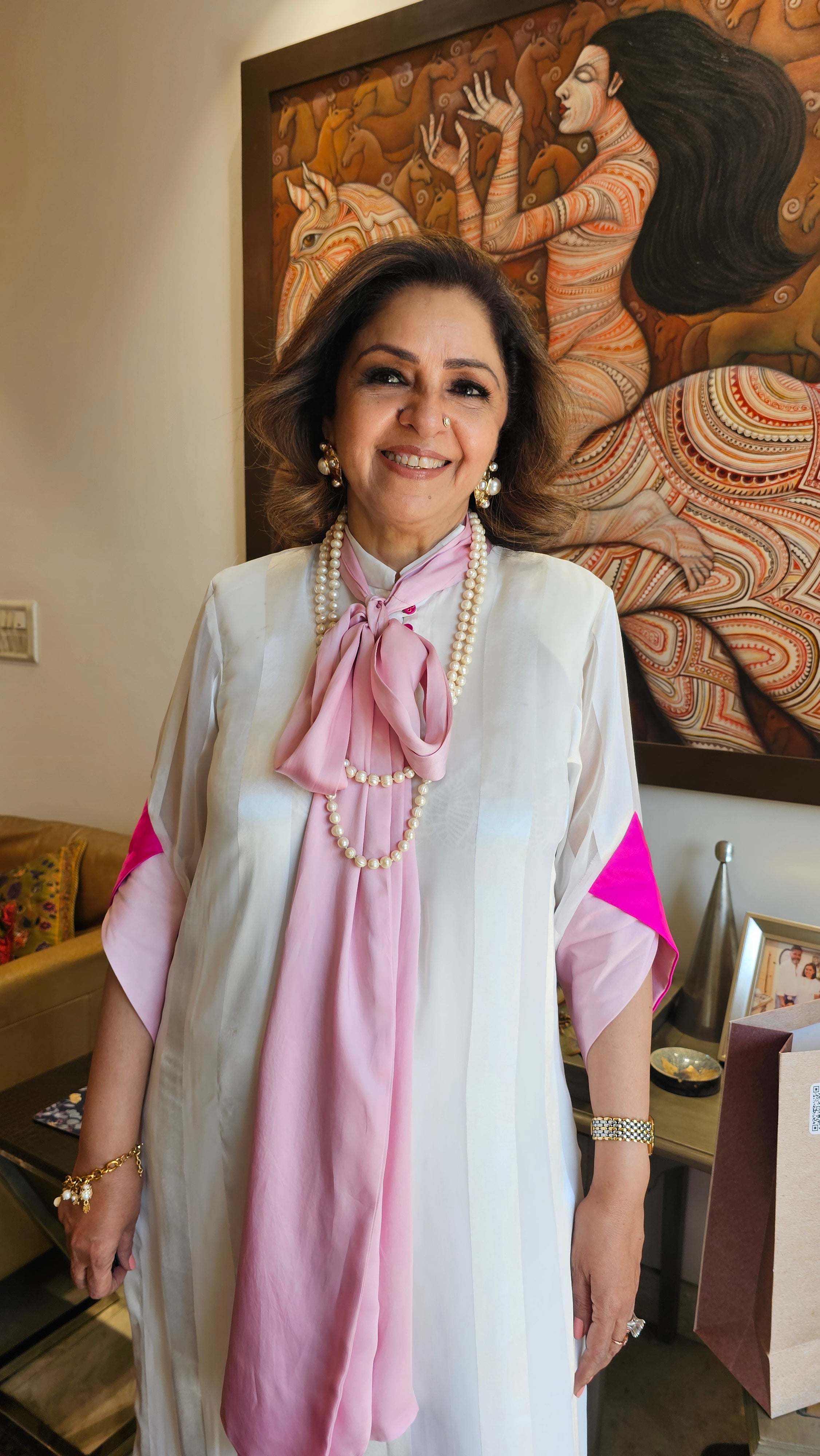 Pretty Satin Strip with Lining Shirt & Satin Jacquard Pants Fully Lined Dressed with Coloured Satin Scarf & Sleeves