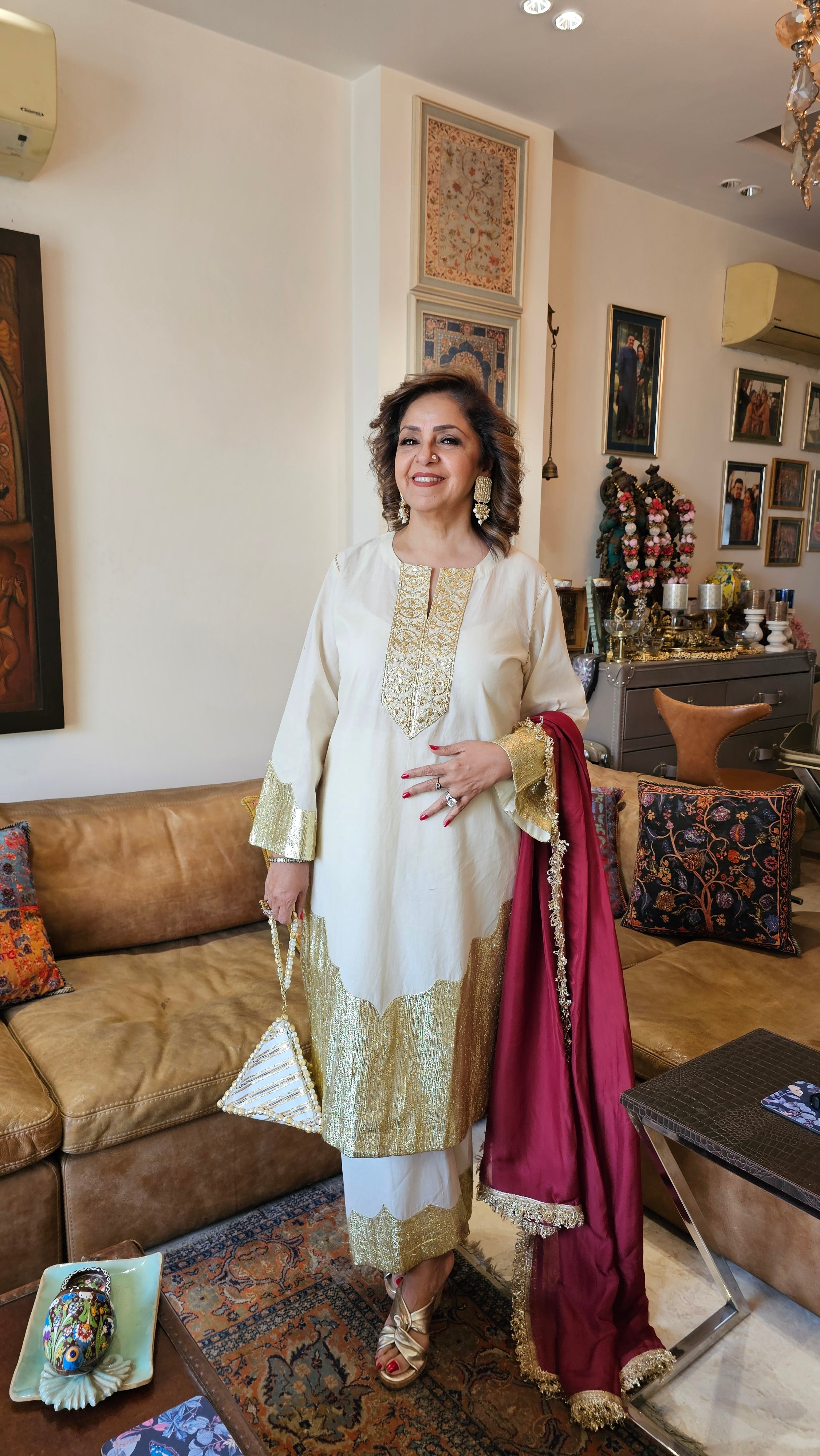 Showstopper Off white Pure cotton shirt & bottom with zari work on sleeves, hemline & Bottom