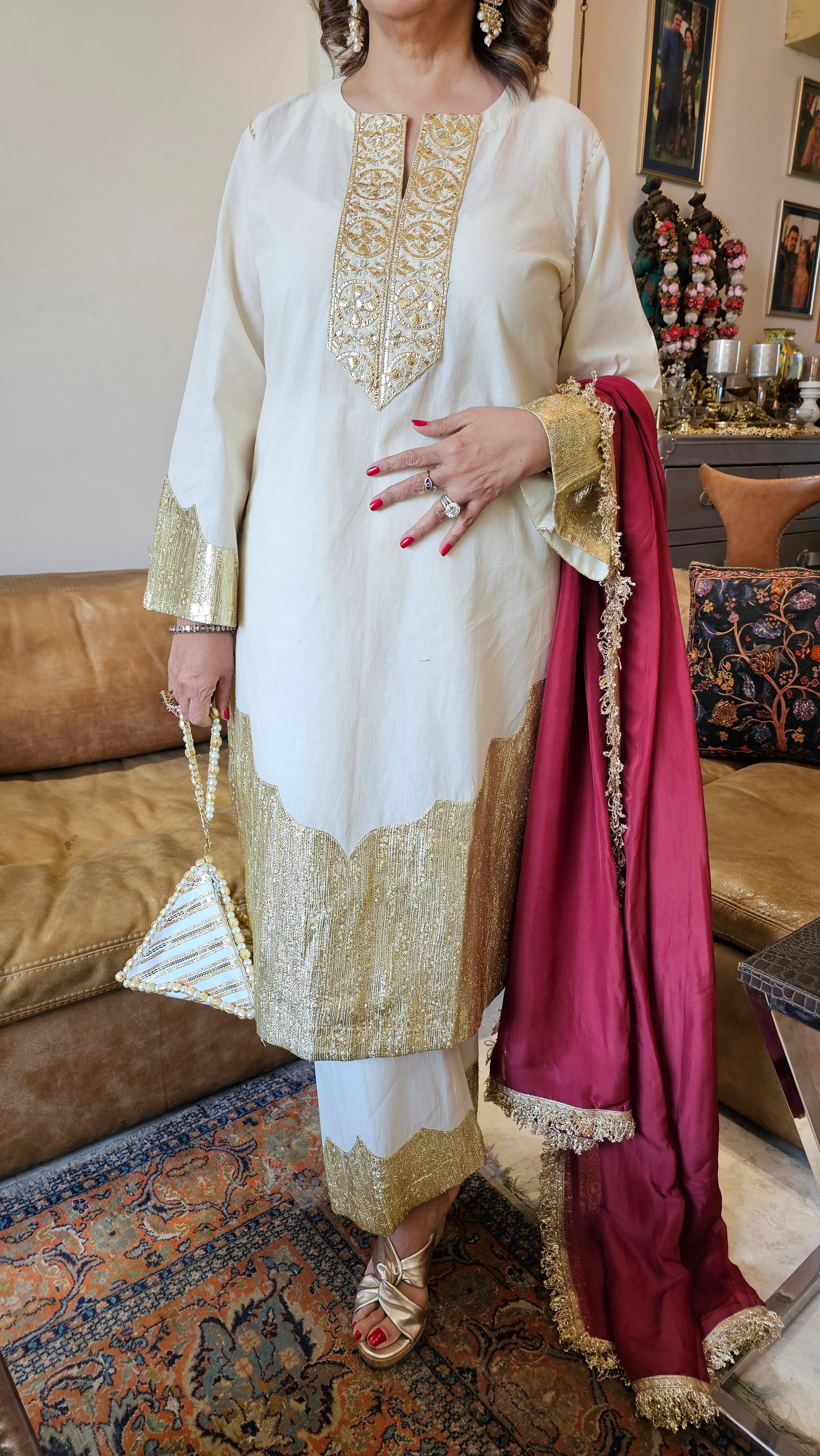 Showstopper Off white Pure cotton shirt & bottom with zari work on sleeves, hemline & Bottom