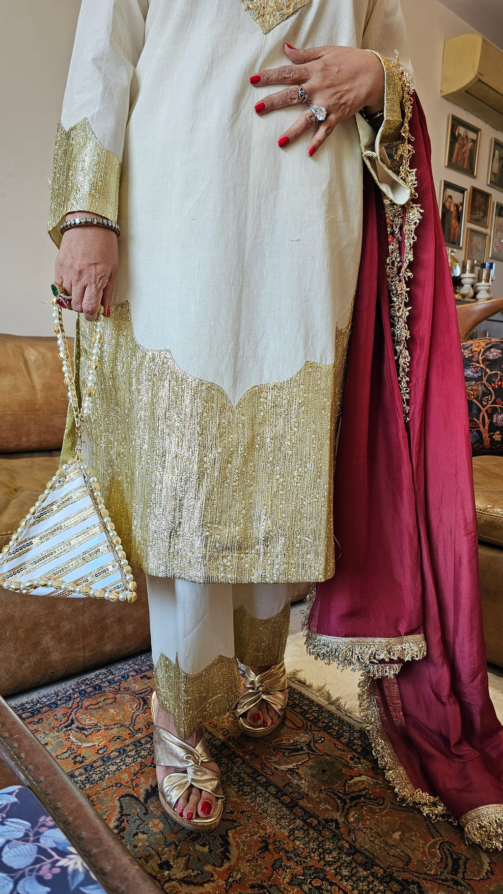 Showstopper Off white Pure cotton shirt & bottom with zari work on sleeves, hemline & Bottom