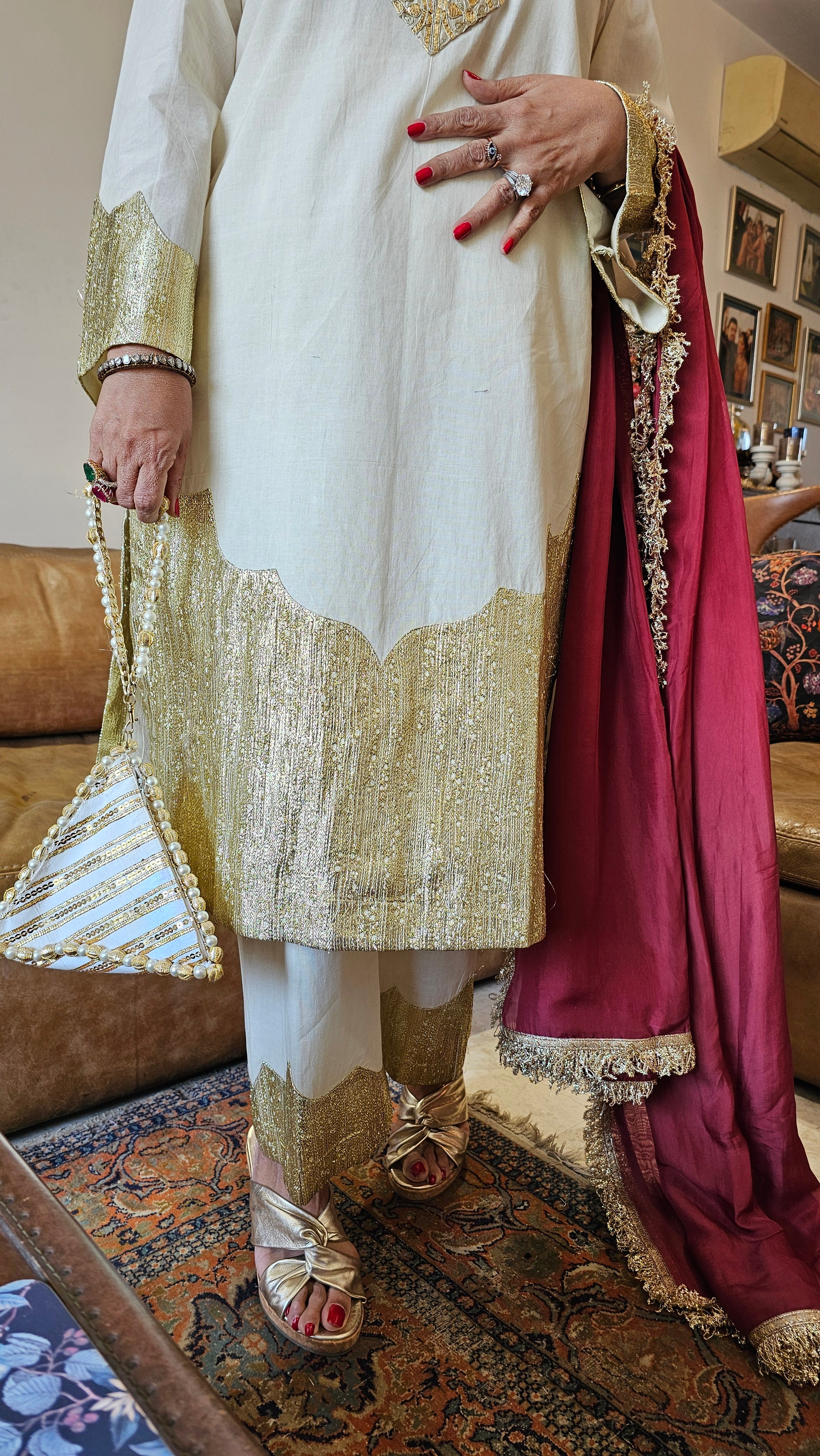 Showstopper Off white Pure cotton shirt & bottom with zari work on sleeves, hemline & Bottom
