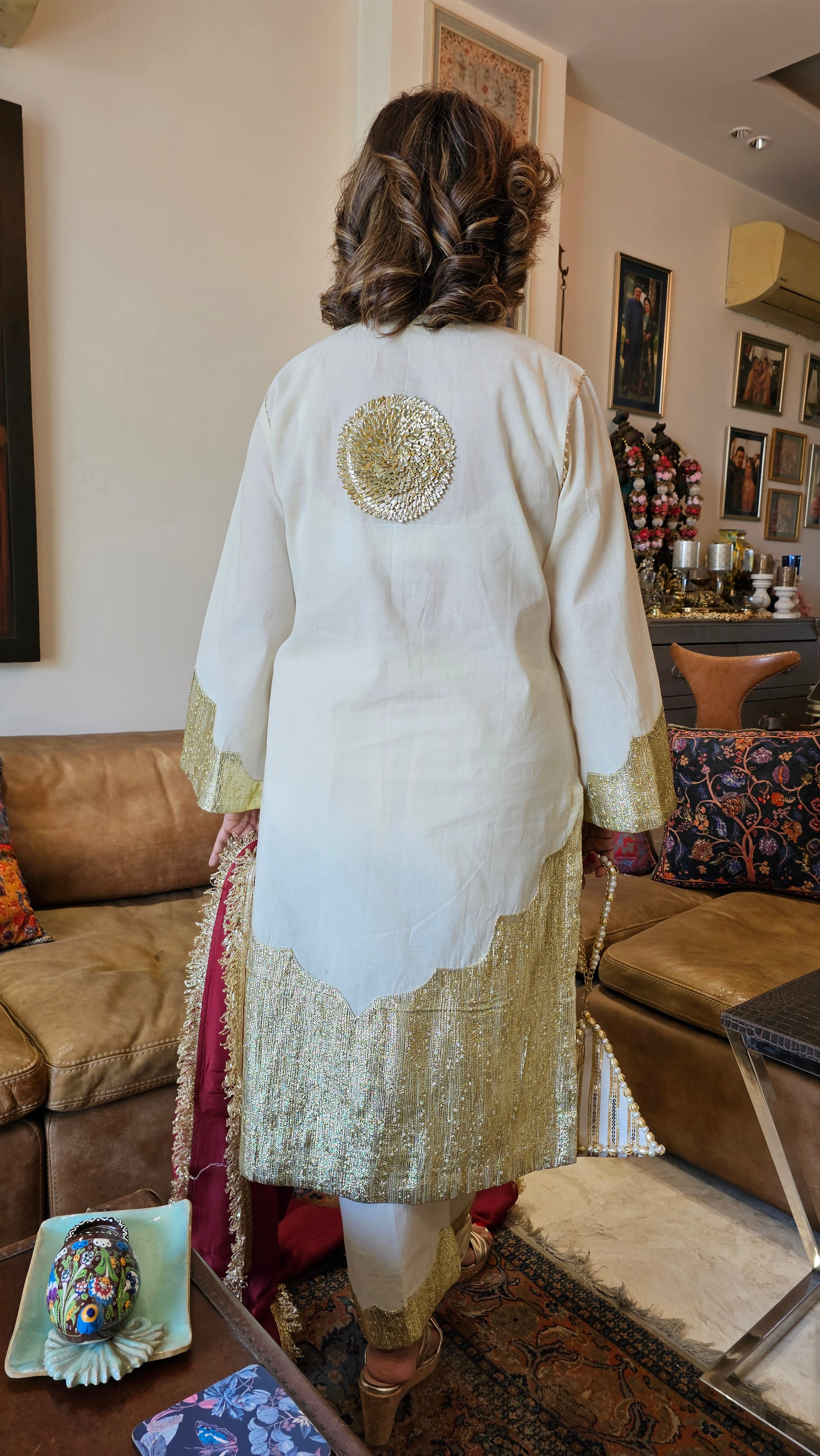 Showstopper Off white Pure cotton shirt & bottom with zari work on sleeves, hemline & Bottom