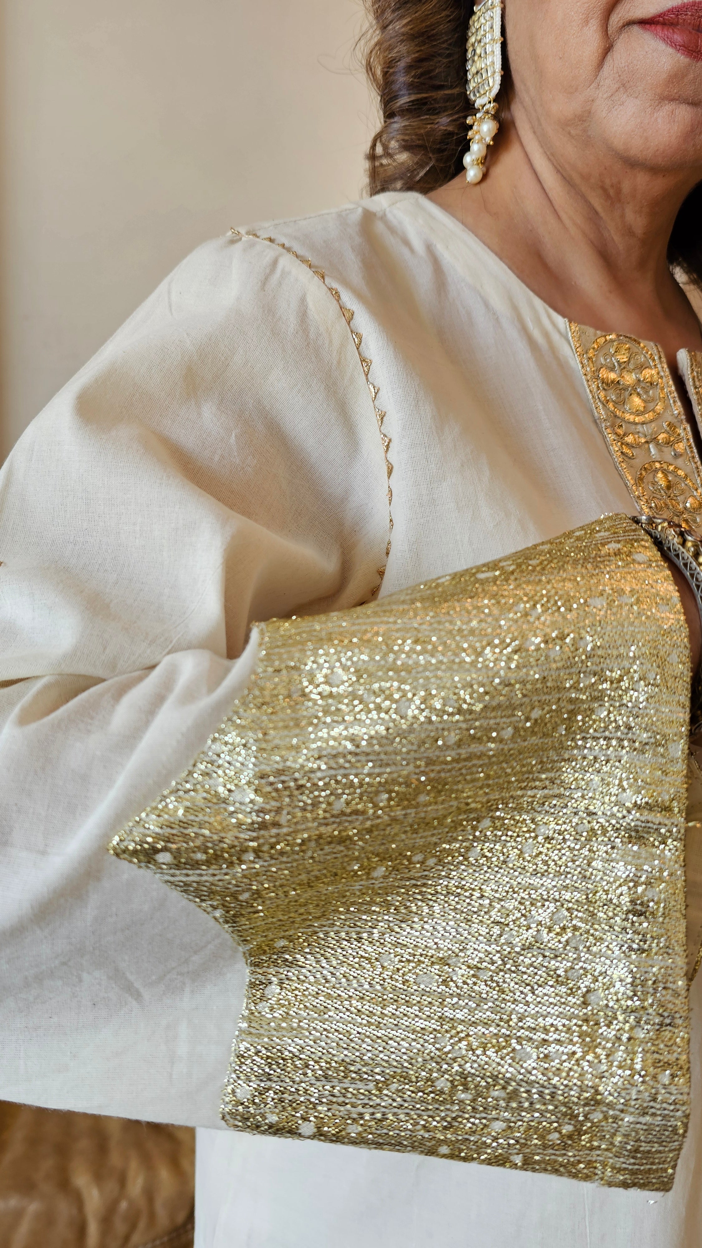 Showstopper Off white Pure cotton shirt & bottom with zari work on sleeves, hemline & Bottom