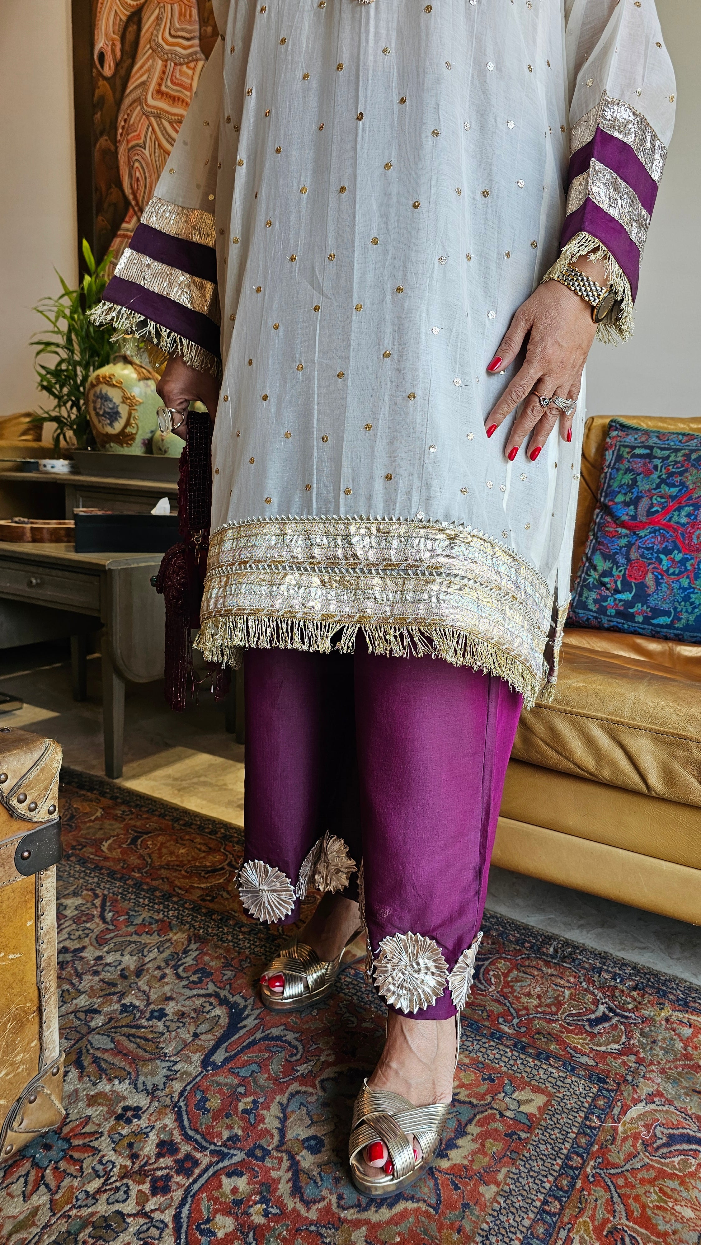 Stunning Mukaish Chanderi Outfit complete with gota work