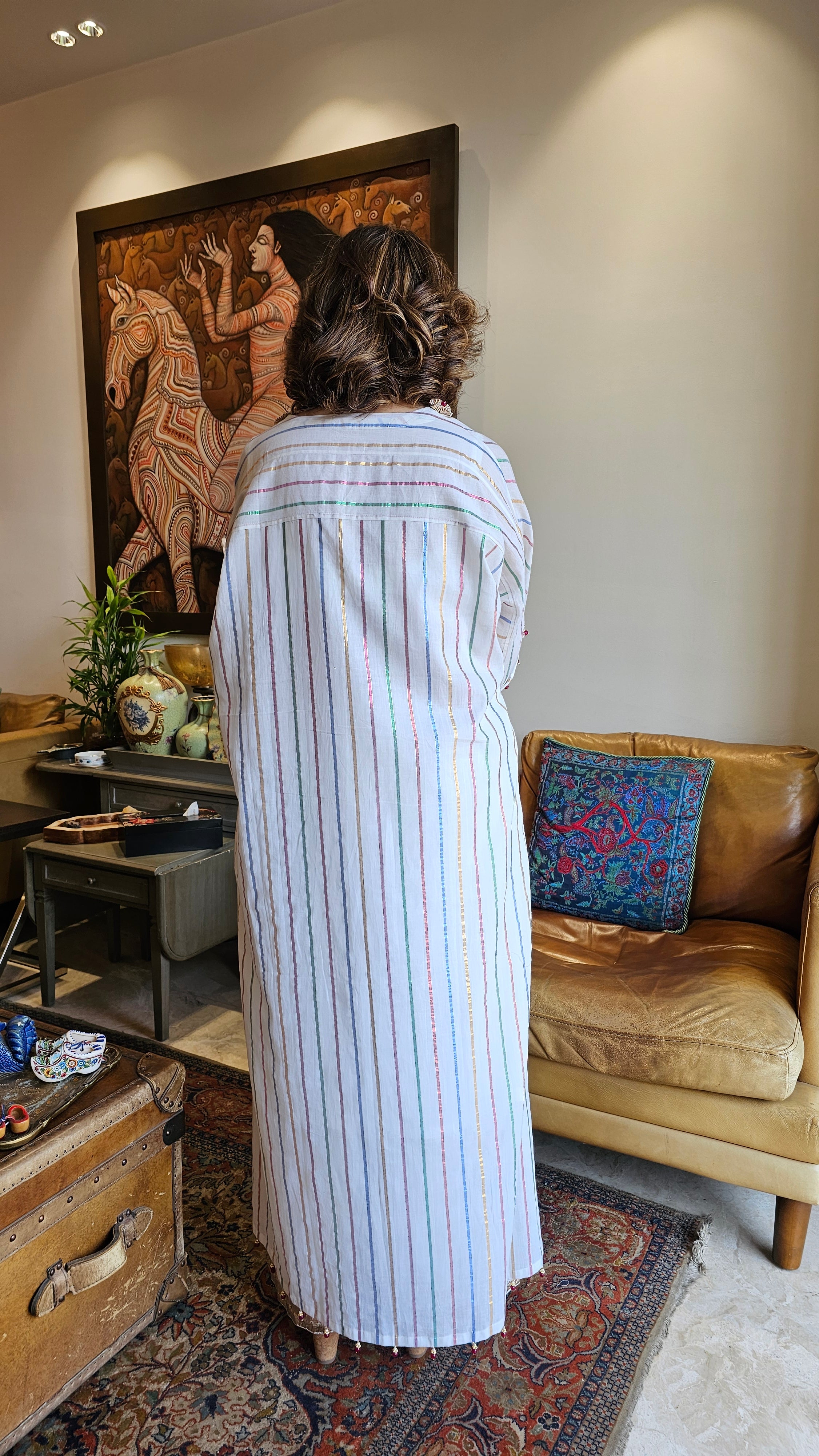 Gorgeous Cotton Mul Metallic stripe Kaftan with Pure Cotton Pants