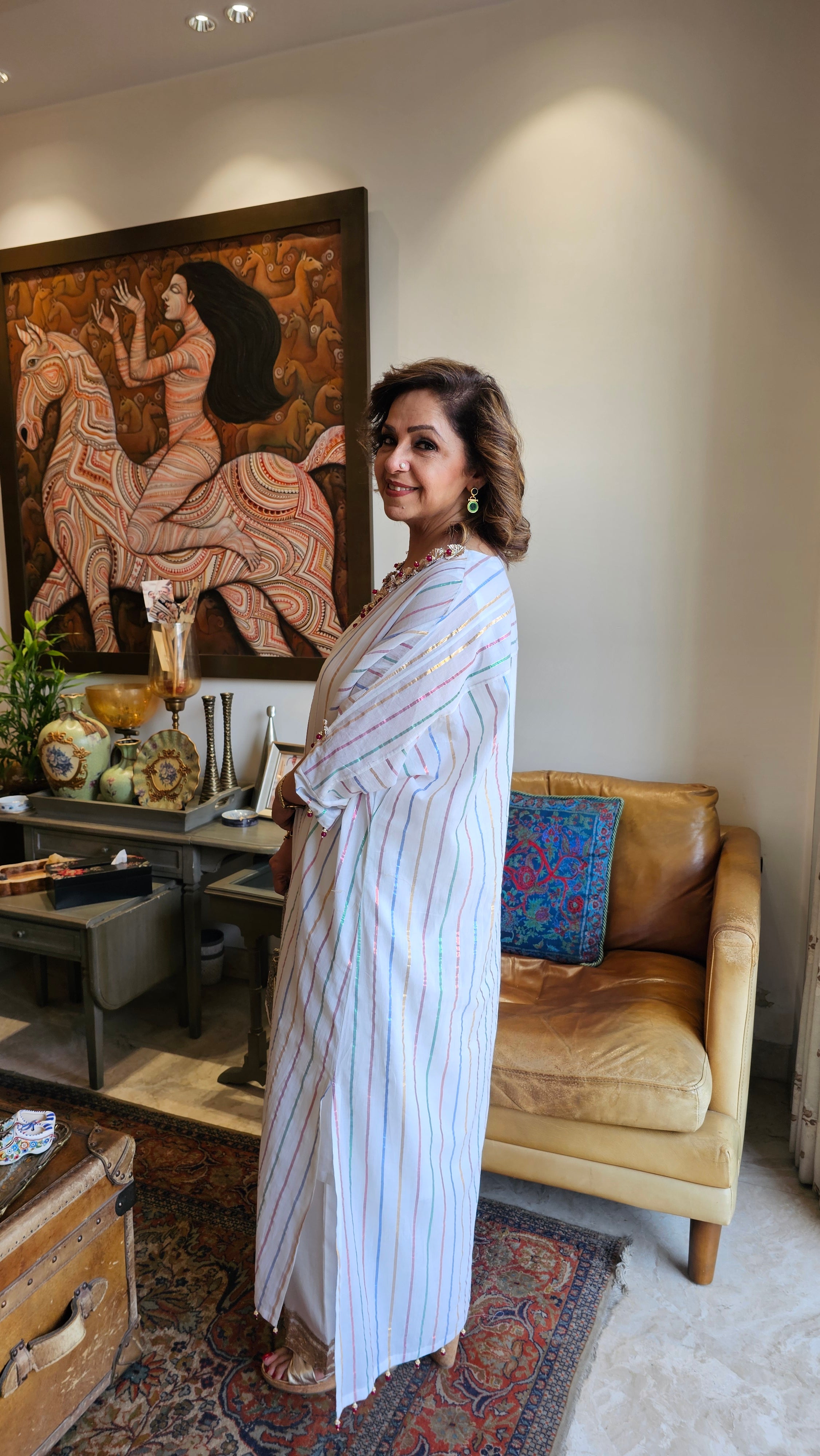 Gorgeous Cotton Mul Metallic stripe Kaftan with Pure Cotton Pants
