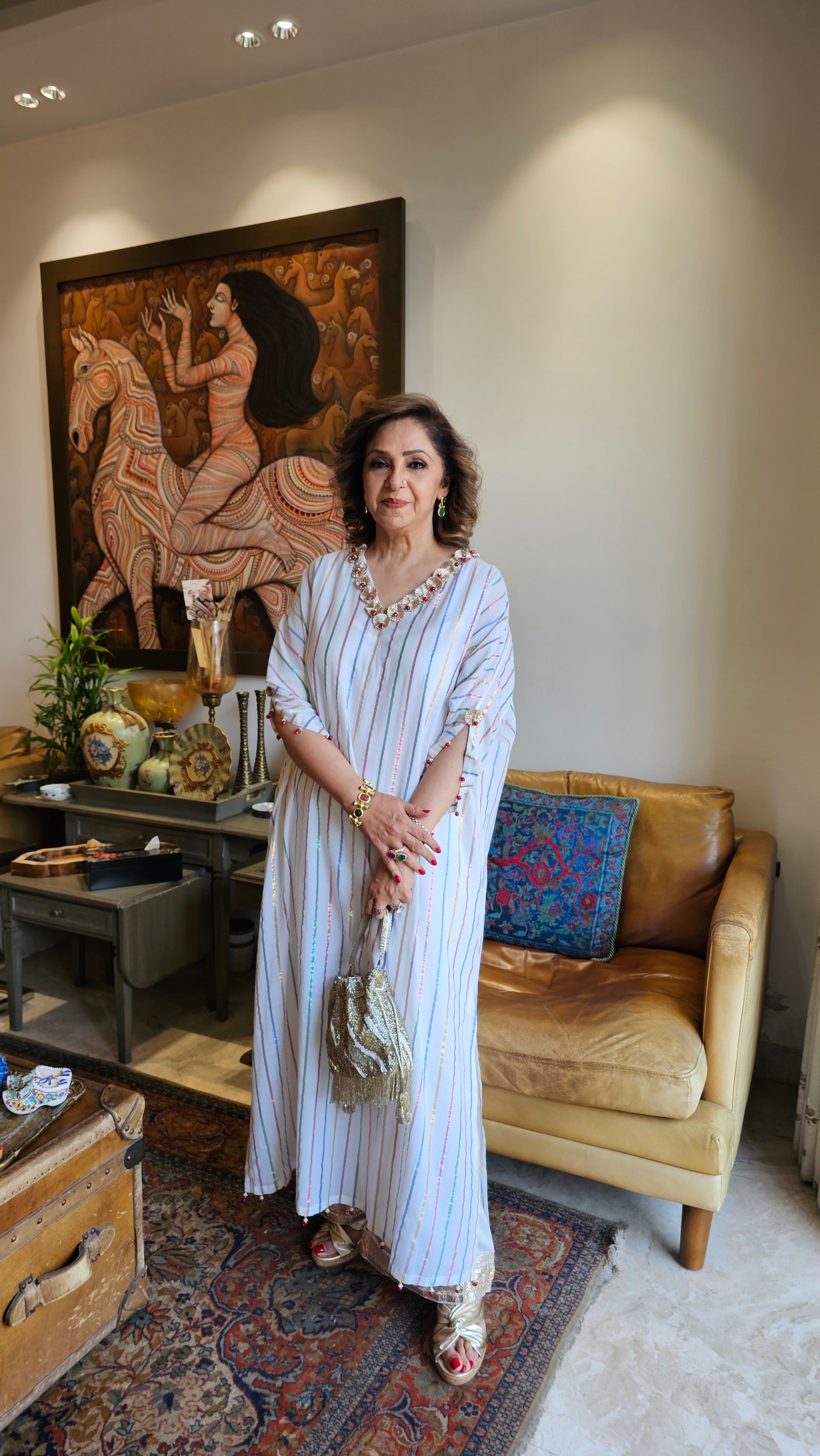 Gorgeous Cotton Mul Metallic stripe Kaftan with Pure Cotton Pants