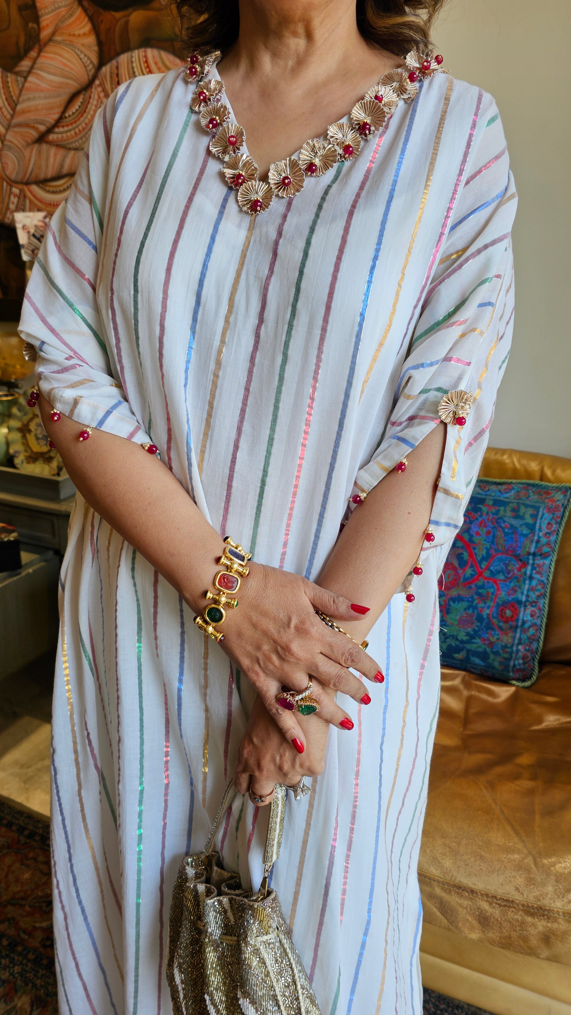 Gorgeous Cotton Mul Metallic stripe Kaftan with Pure Cotton Pants