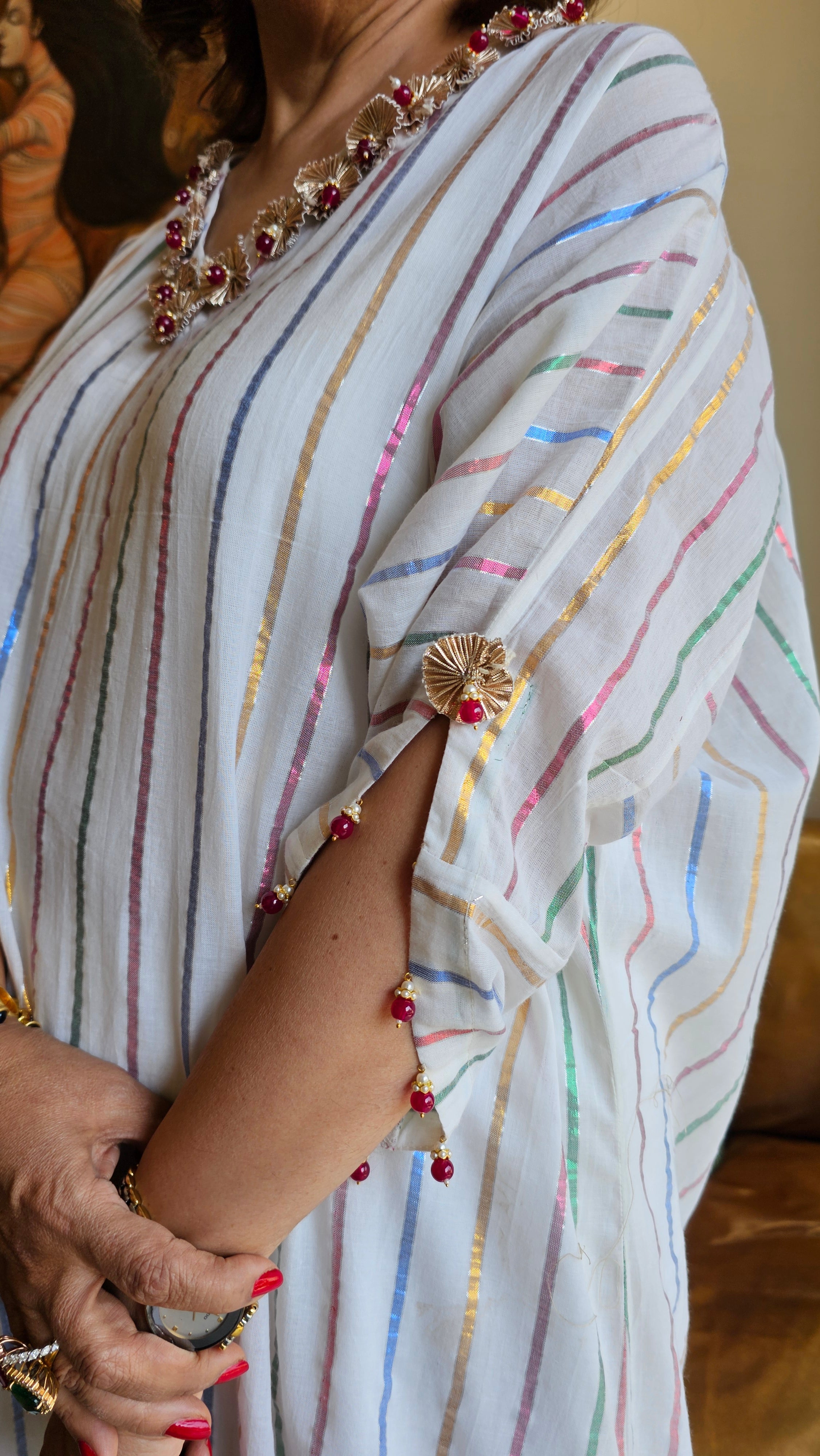 Gorgeous Cotton Mul Metallic stripe Kaftan with Pure Cotton Pants