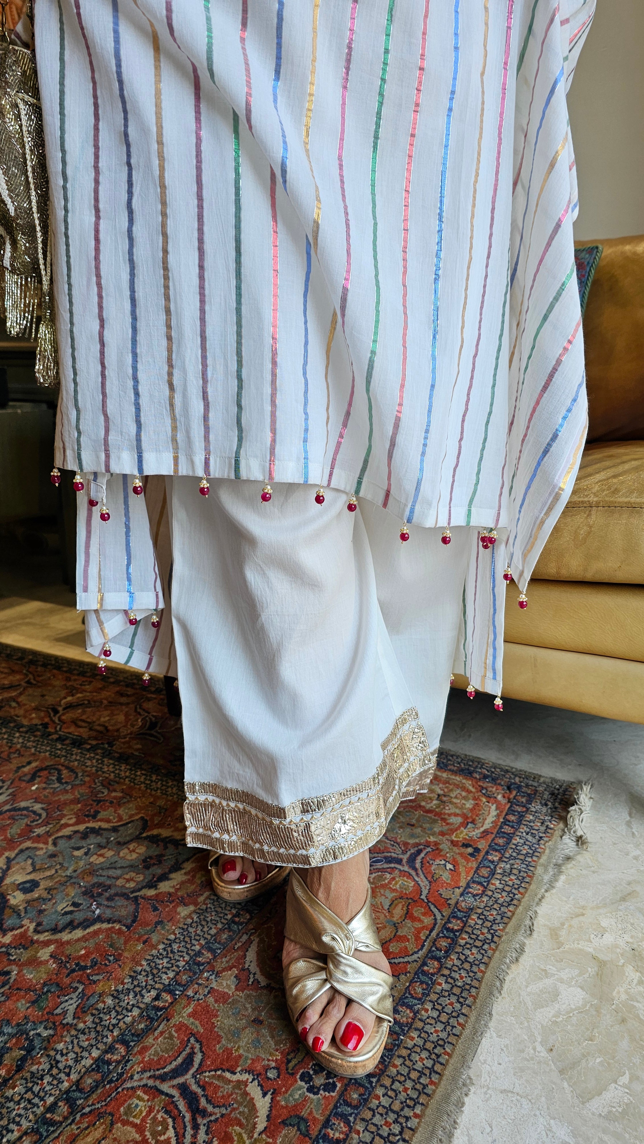 Gorgeous Cotton Mul Metallic stripe Kaftan with Pure Cotton Pants