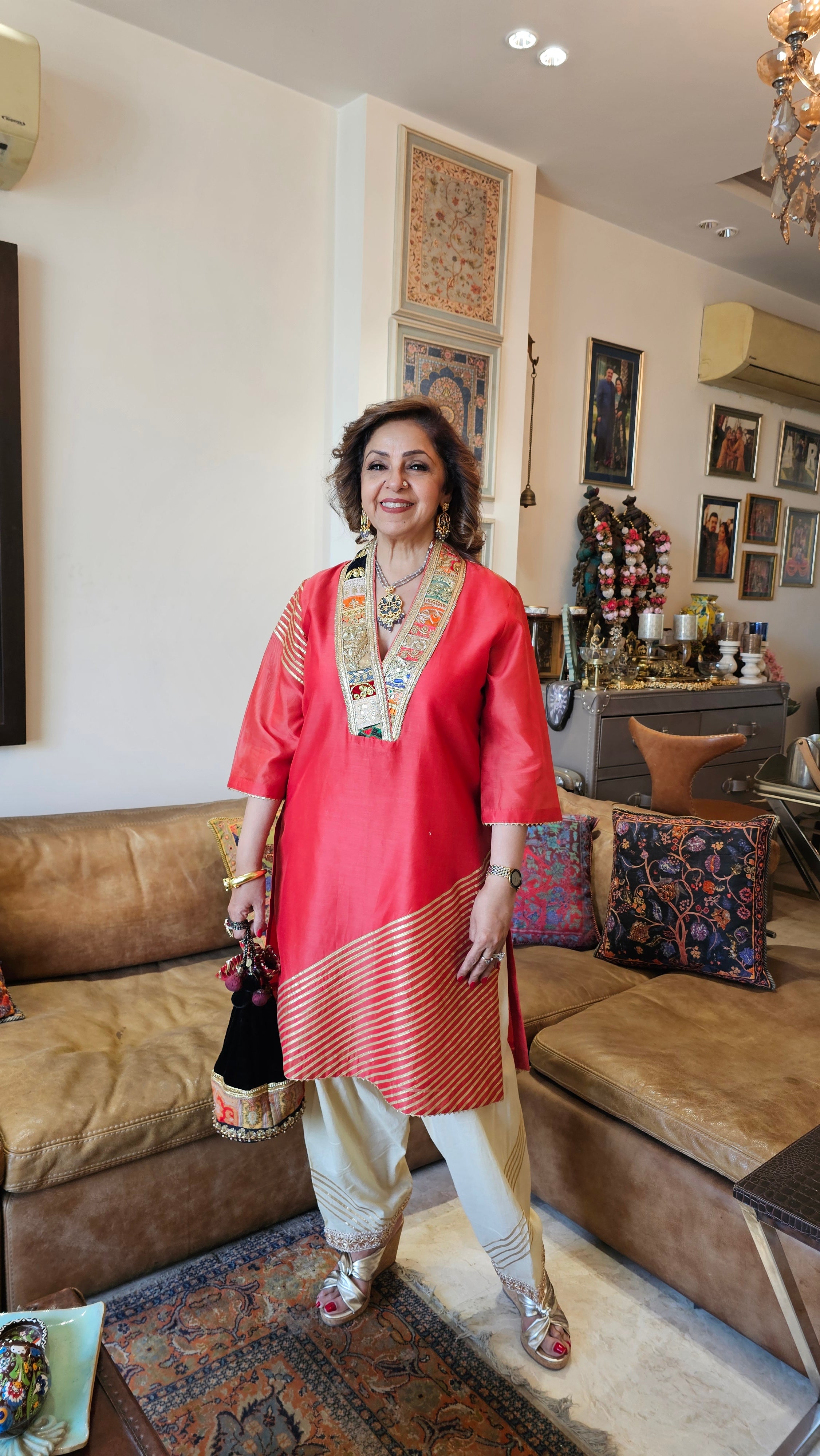 Beautiful Red Chanderi with cream Mul cotton salwar