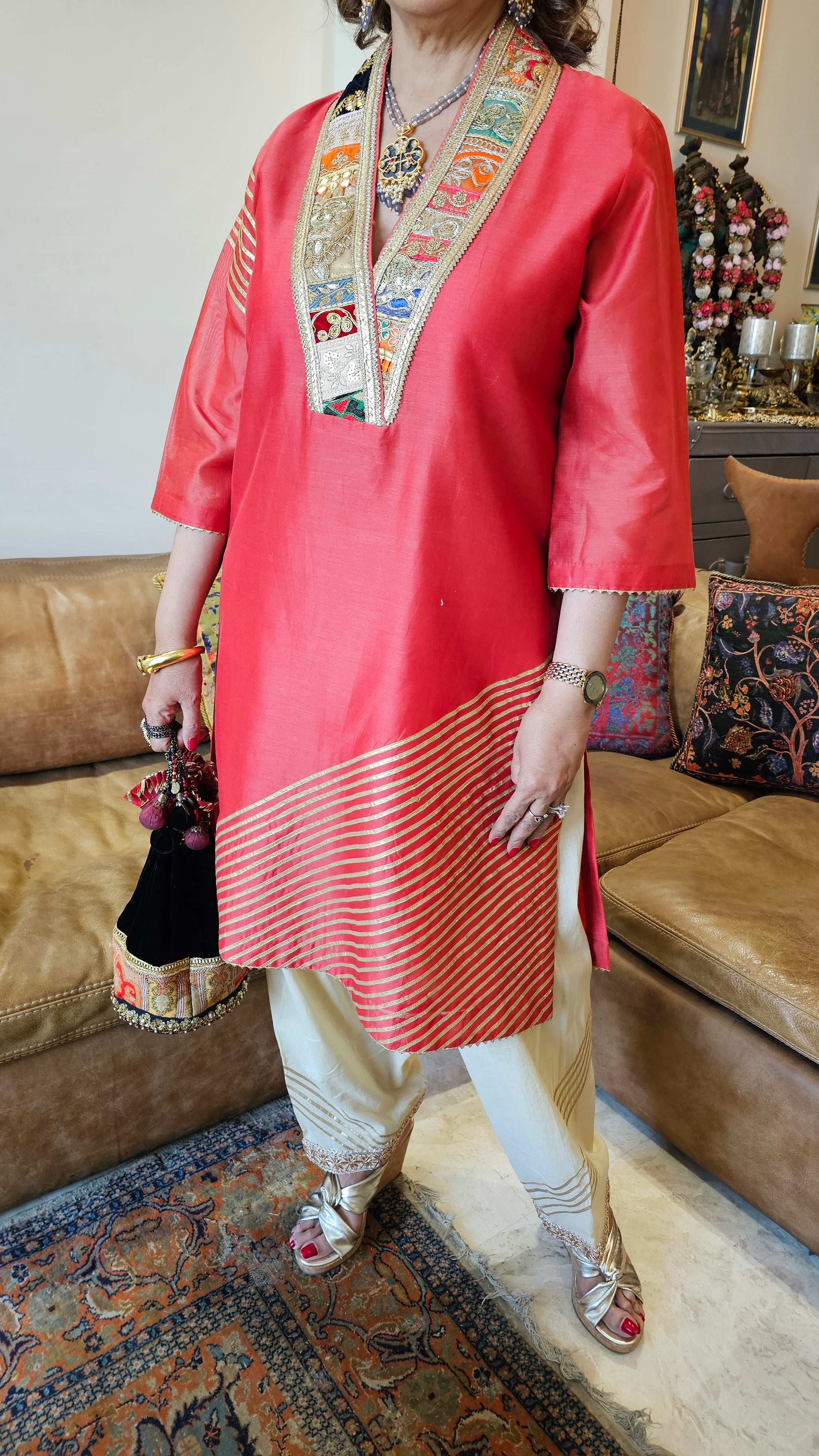 Beautiful Red Chanderi with cream Mul cotton salwar