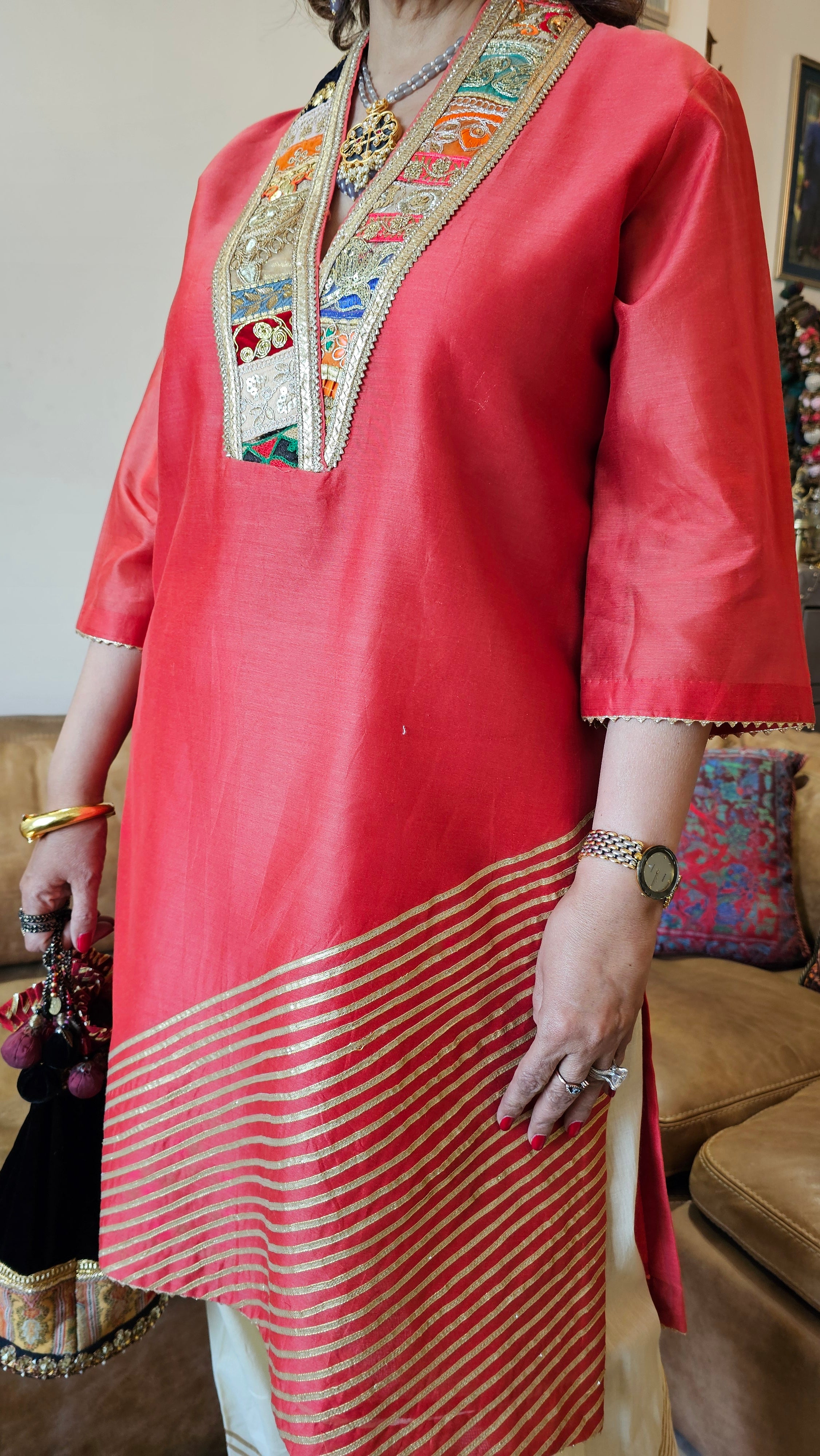 Beautiful Red Chanderi with cream Mul cotton salwar