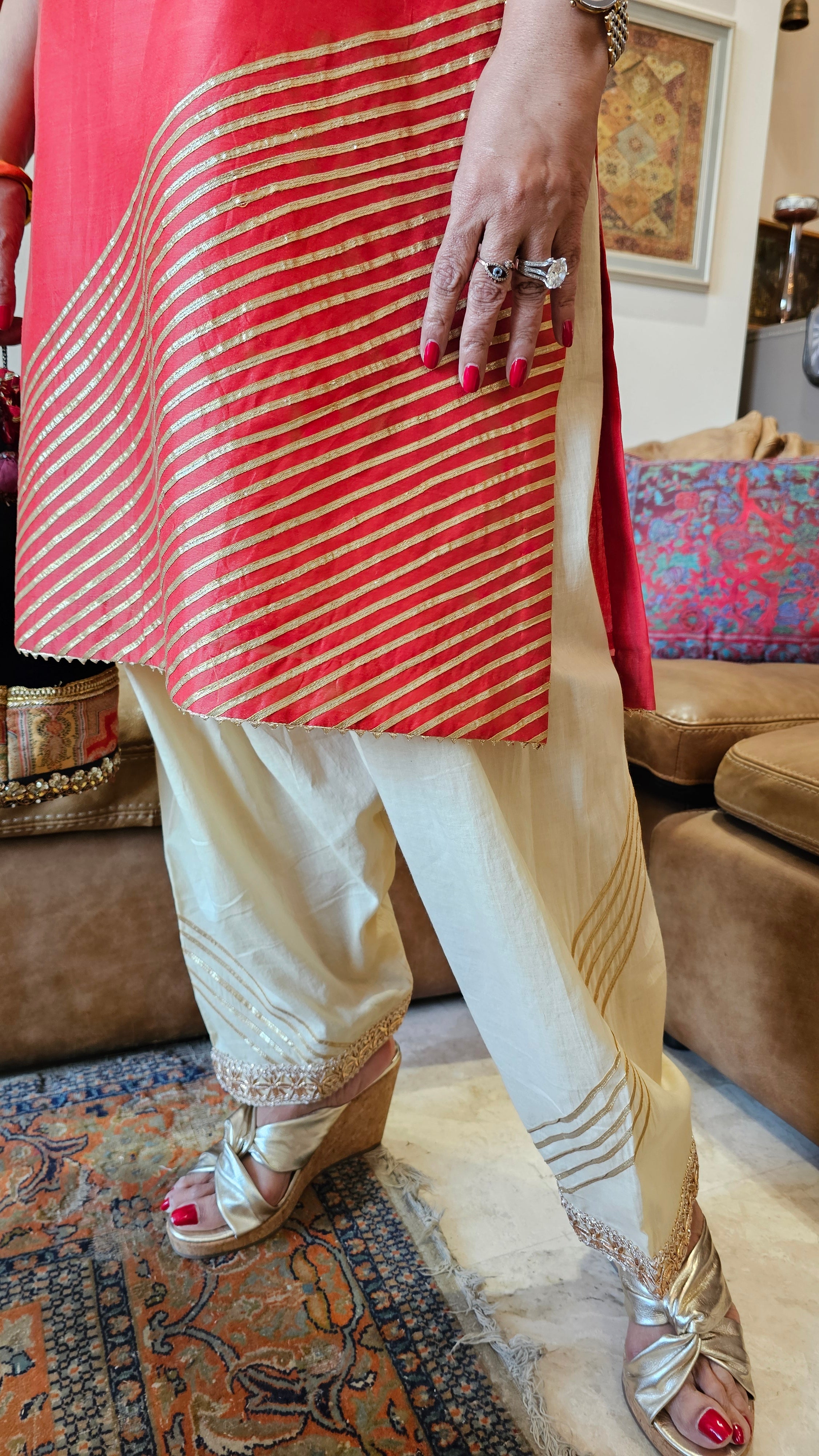 Beautiful Red Chanderi with cream Mul cotton salwar