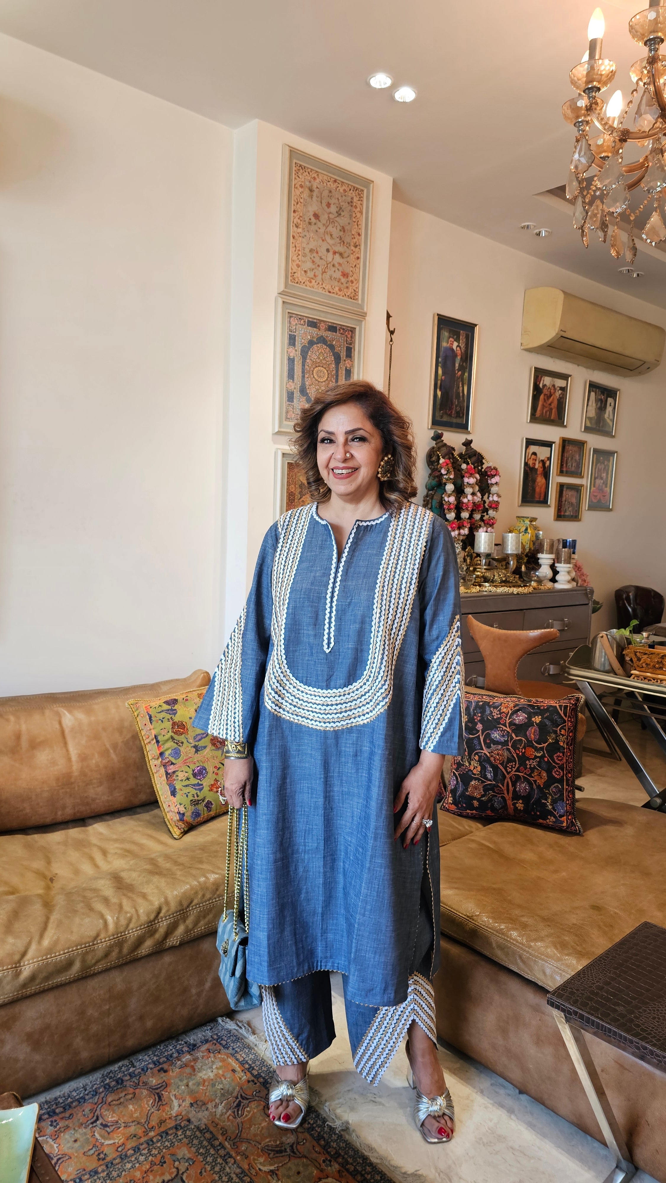 Super Stunning Soft Denim outfit with Gota and Lace Embellishments