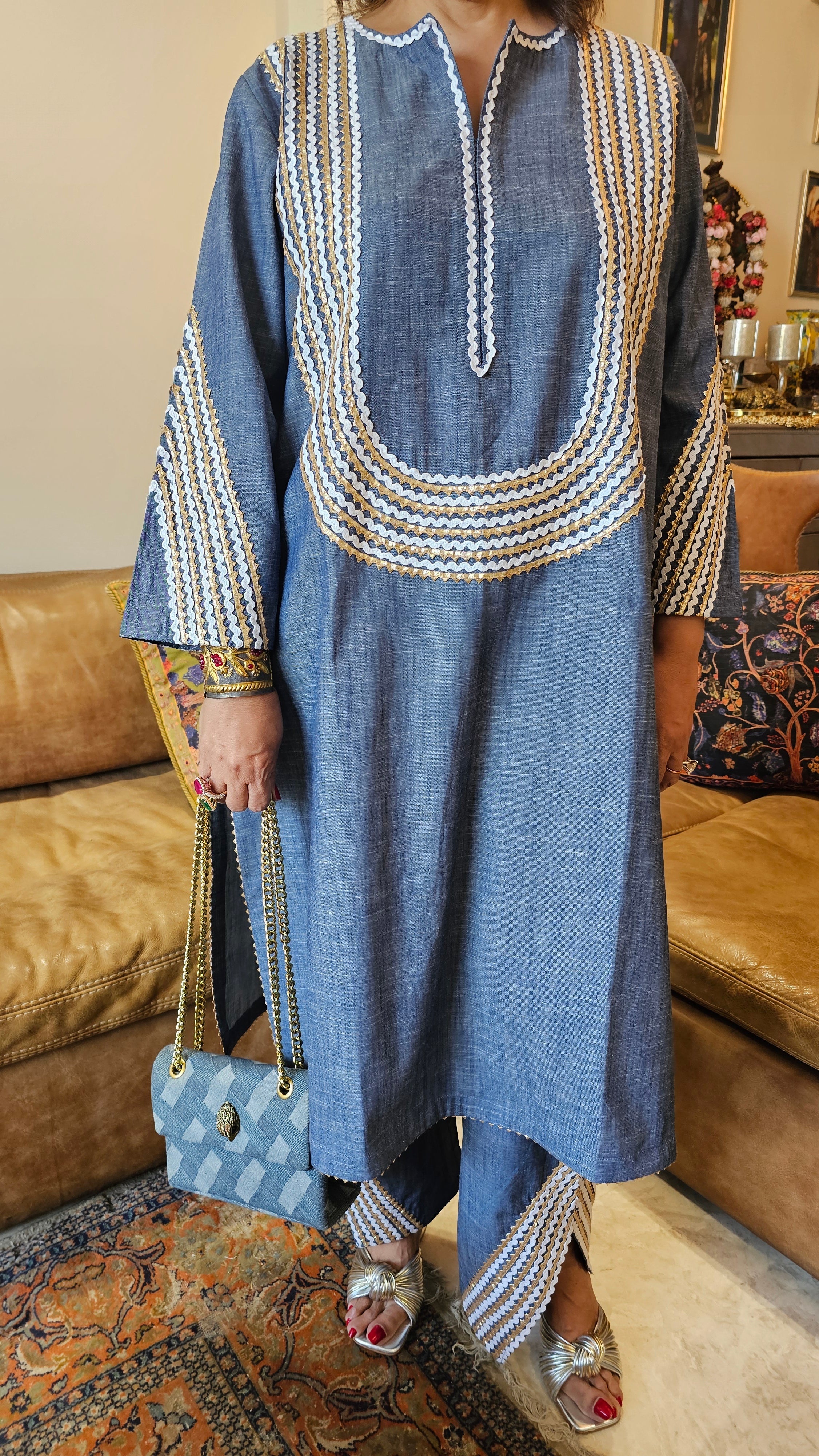 Super Stunning Soft Denim outfit with Gota and Lace Embellishments