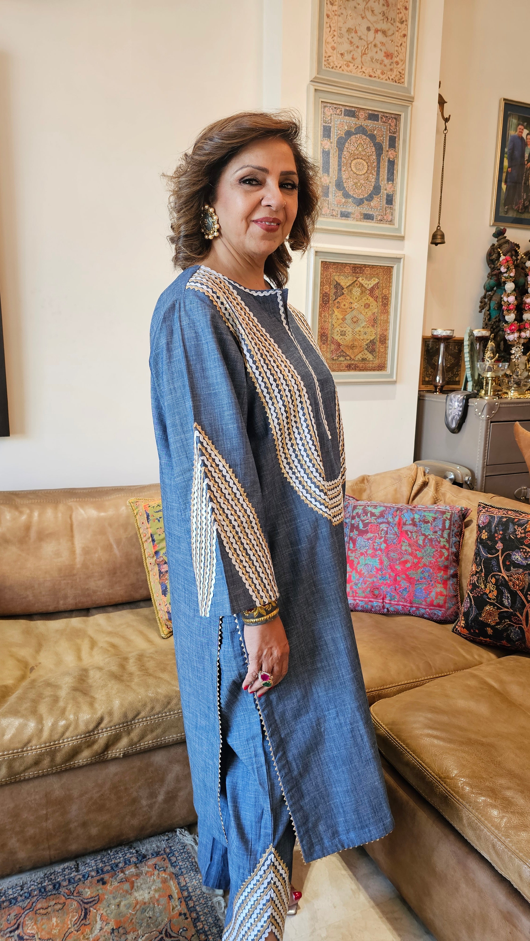 Super Stunning Soft Denim outfit with Gota and Lace Embellishments