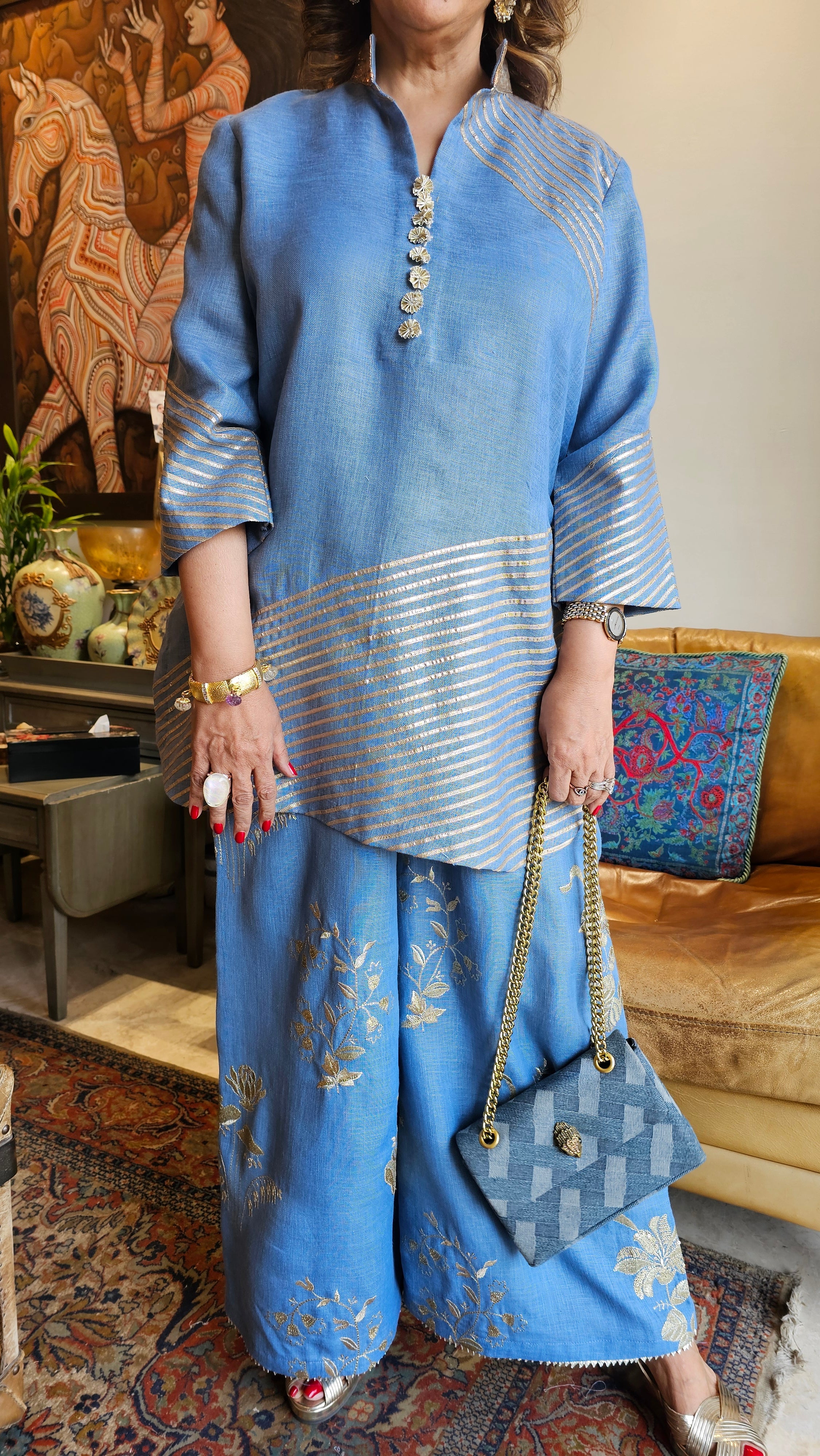 Glittery Linen Indo-Western outfit with Gota & Zari Embroidery Work