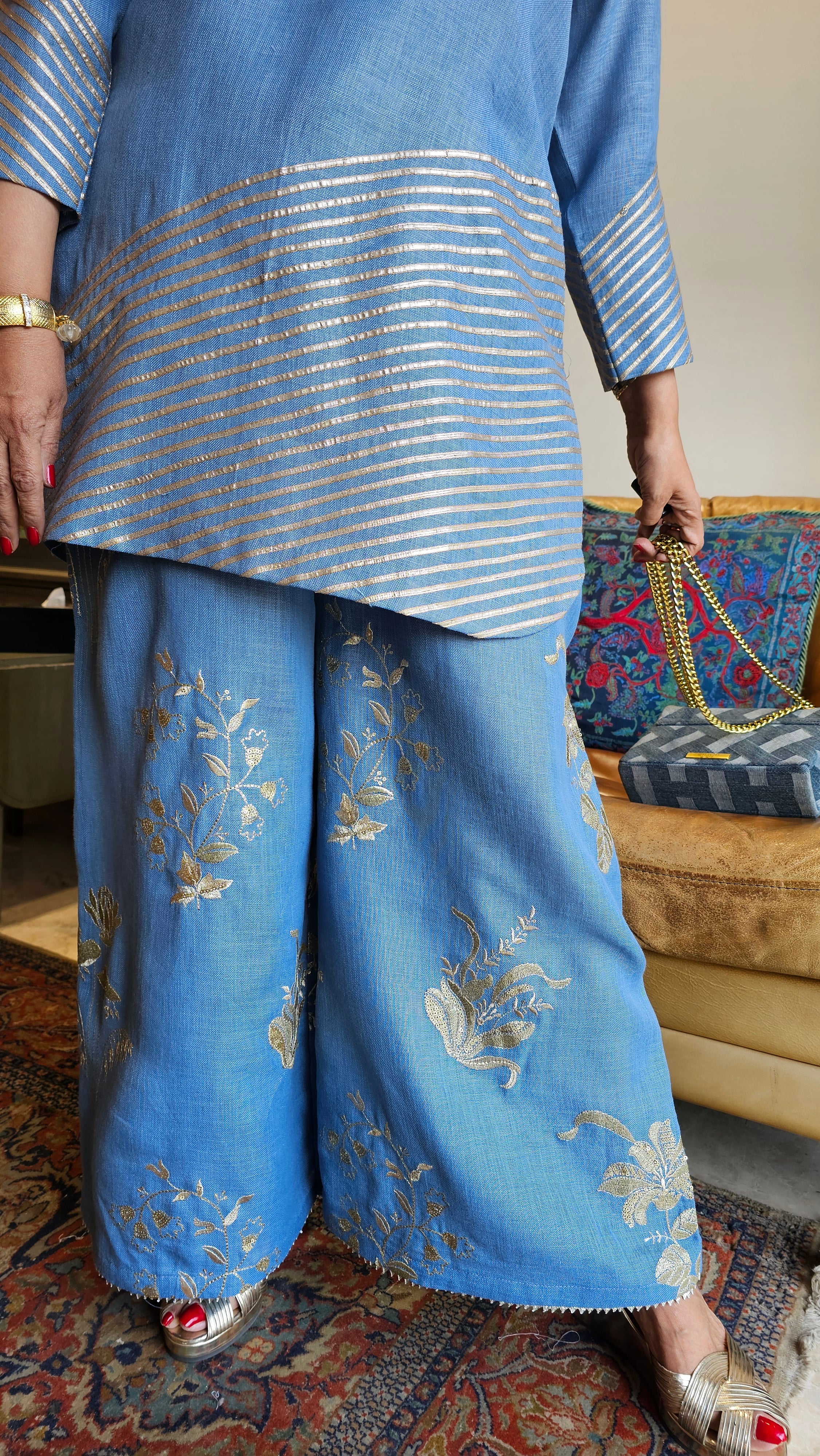 Glittery Linen Indo-Western outfit with Gota & Zari Embroidery Work