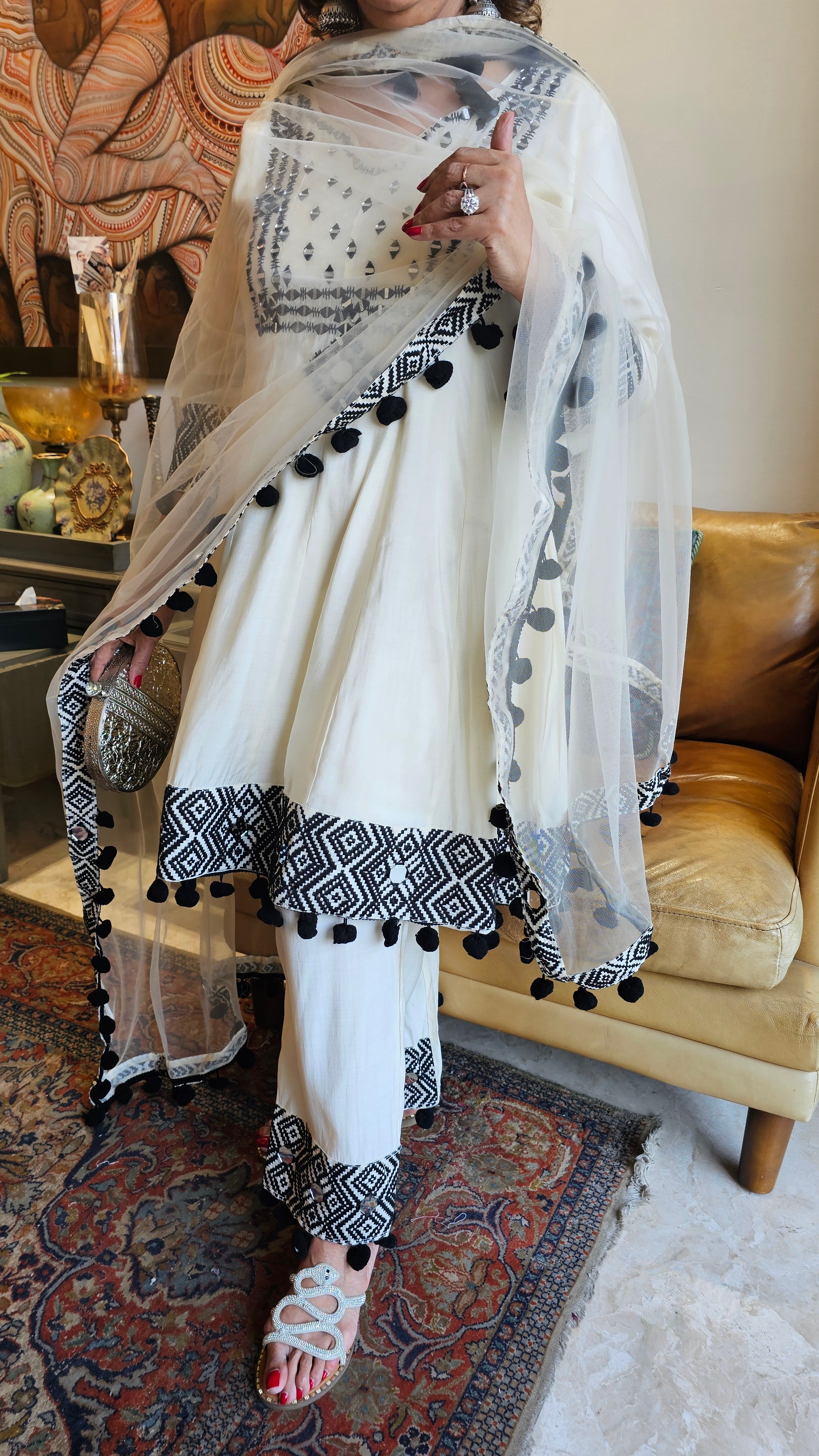 Beautiful Muslin 3 piece set with Mirror & Thread work