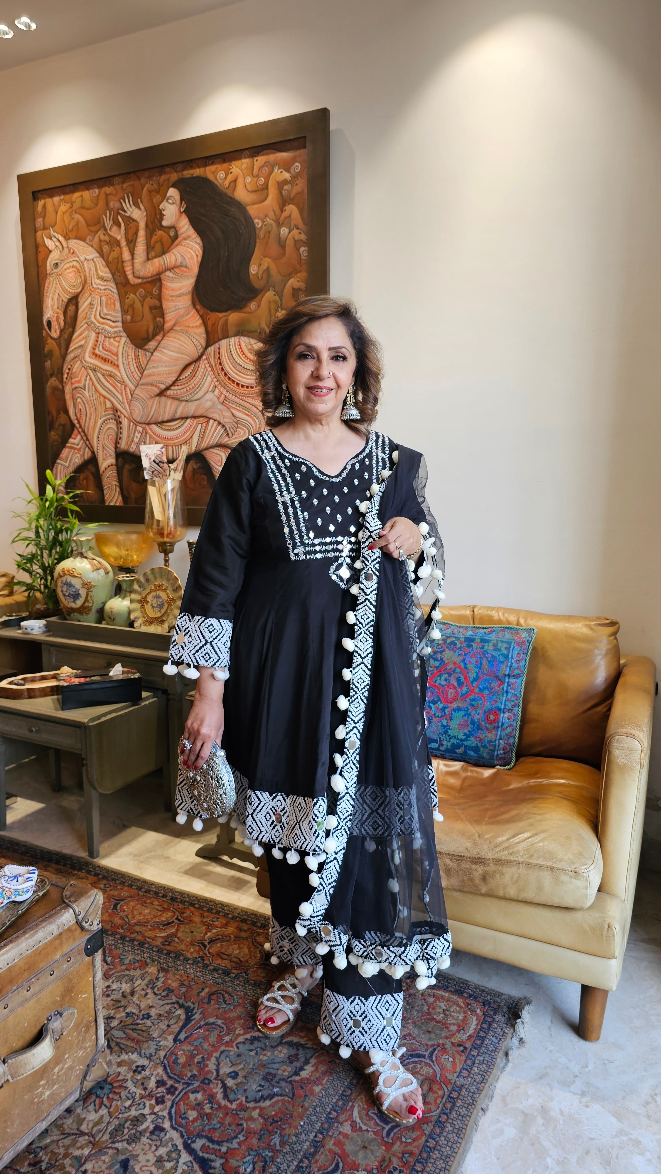 Beautiful Black Muslin 3 piece set with Mirror & Thread work