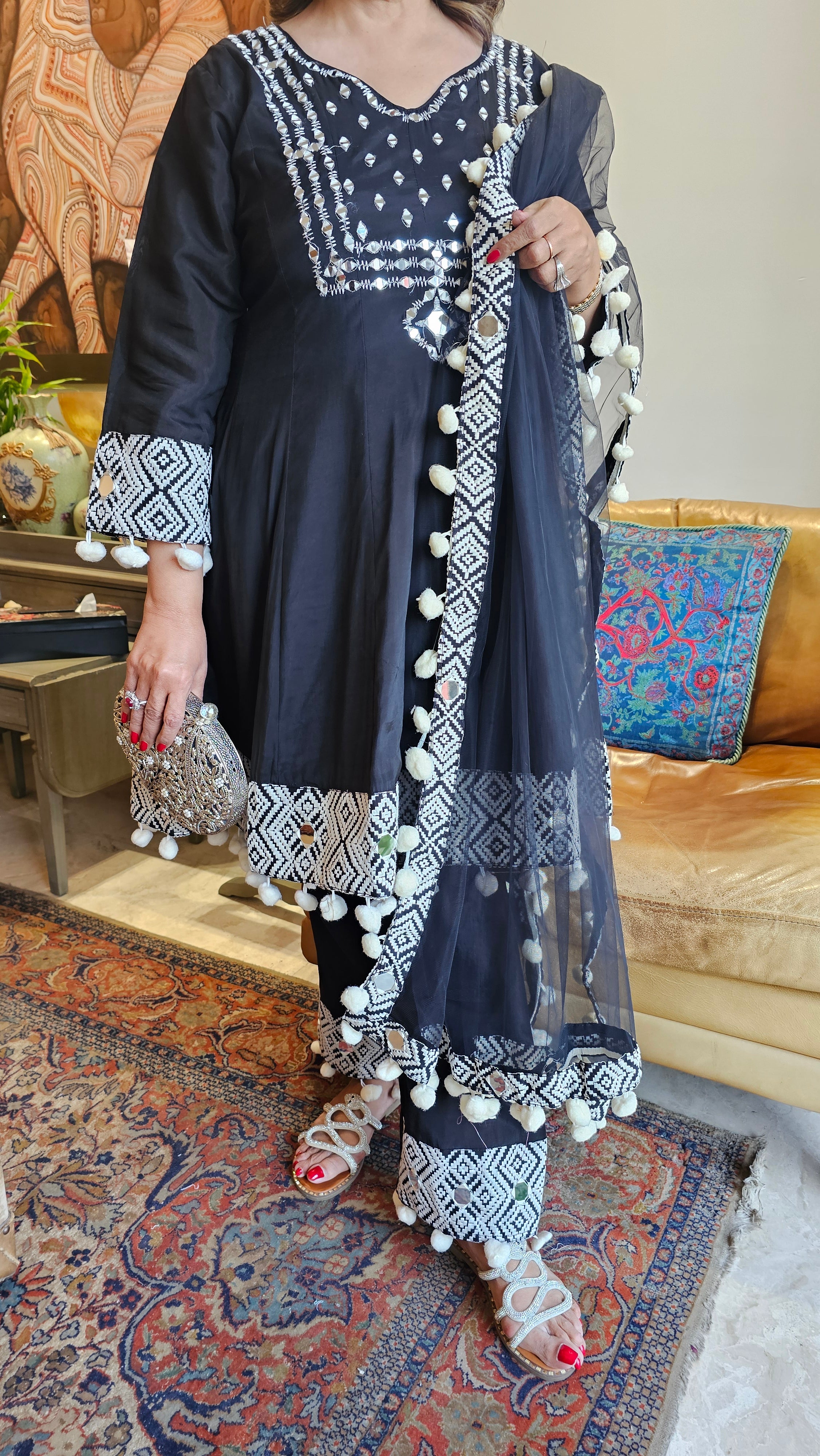 Beautiful Black Muslin 3 piece set with Mirror & Thread work