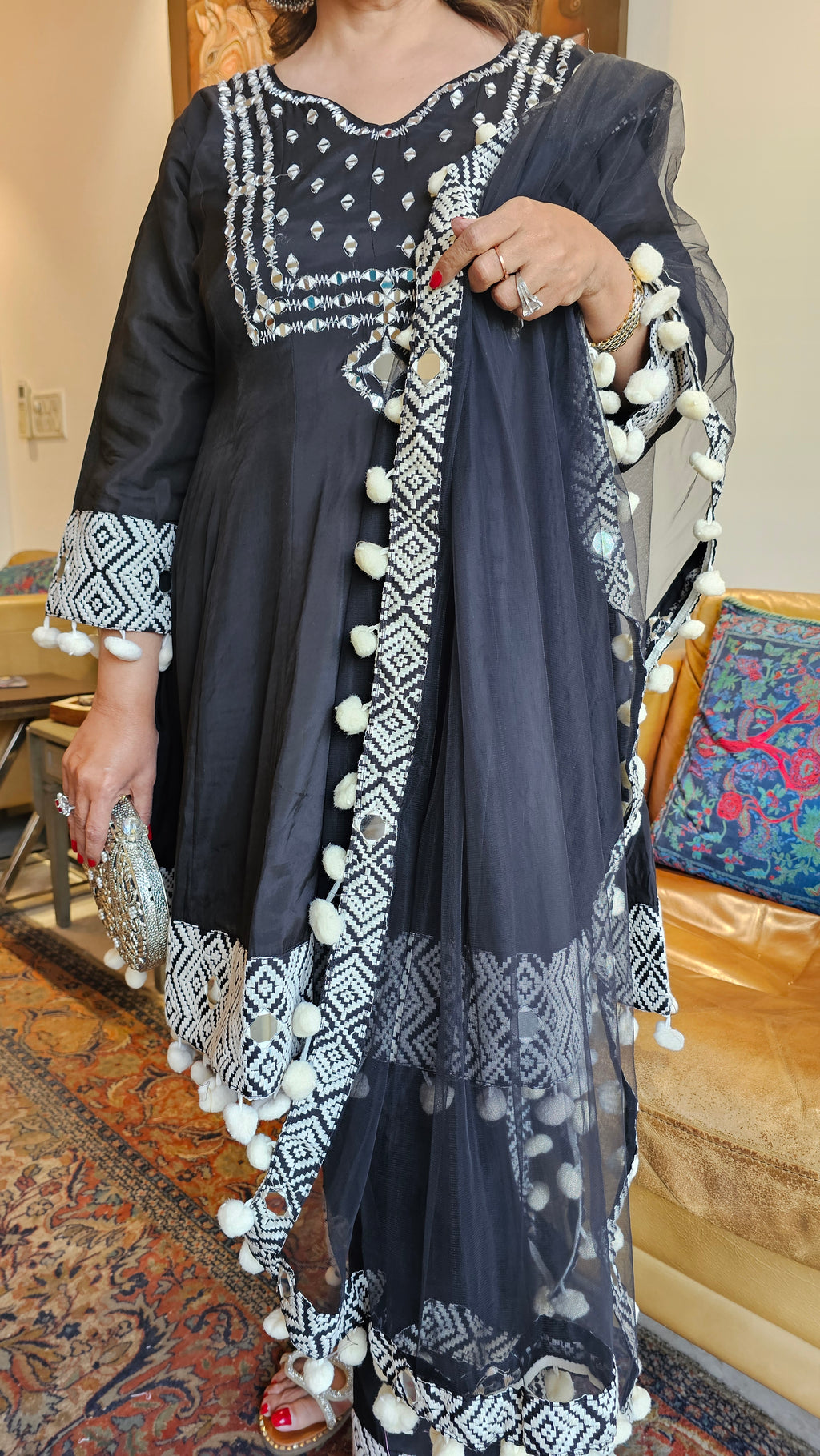 Beautiful Black Muslin 3 piece set with Mirror & Thread work