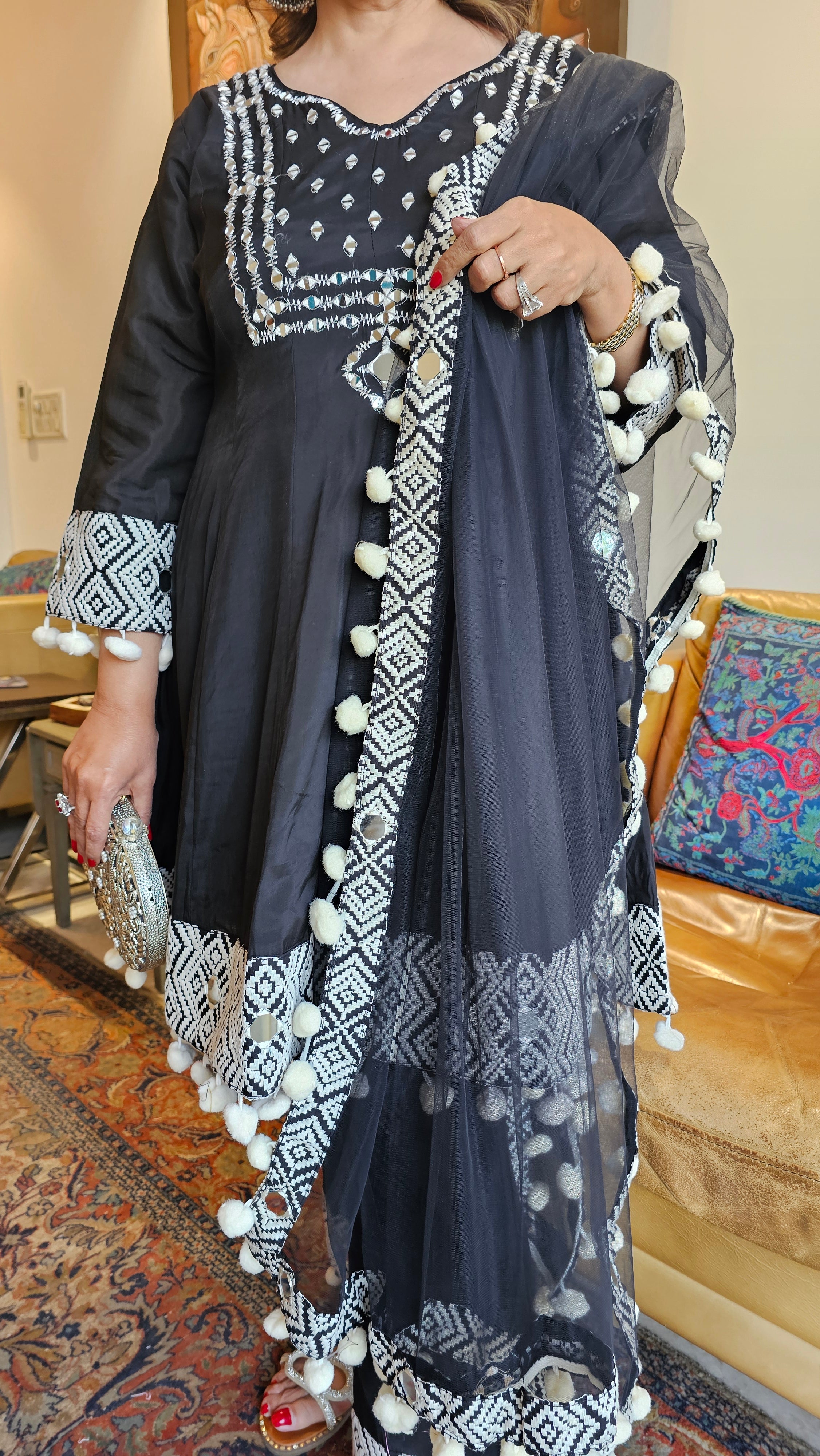 Beautiful Black Muslin 3 piece set with Mirror & Thread work