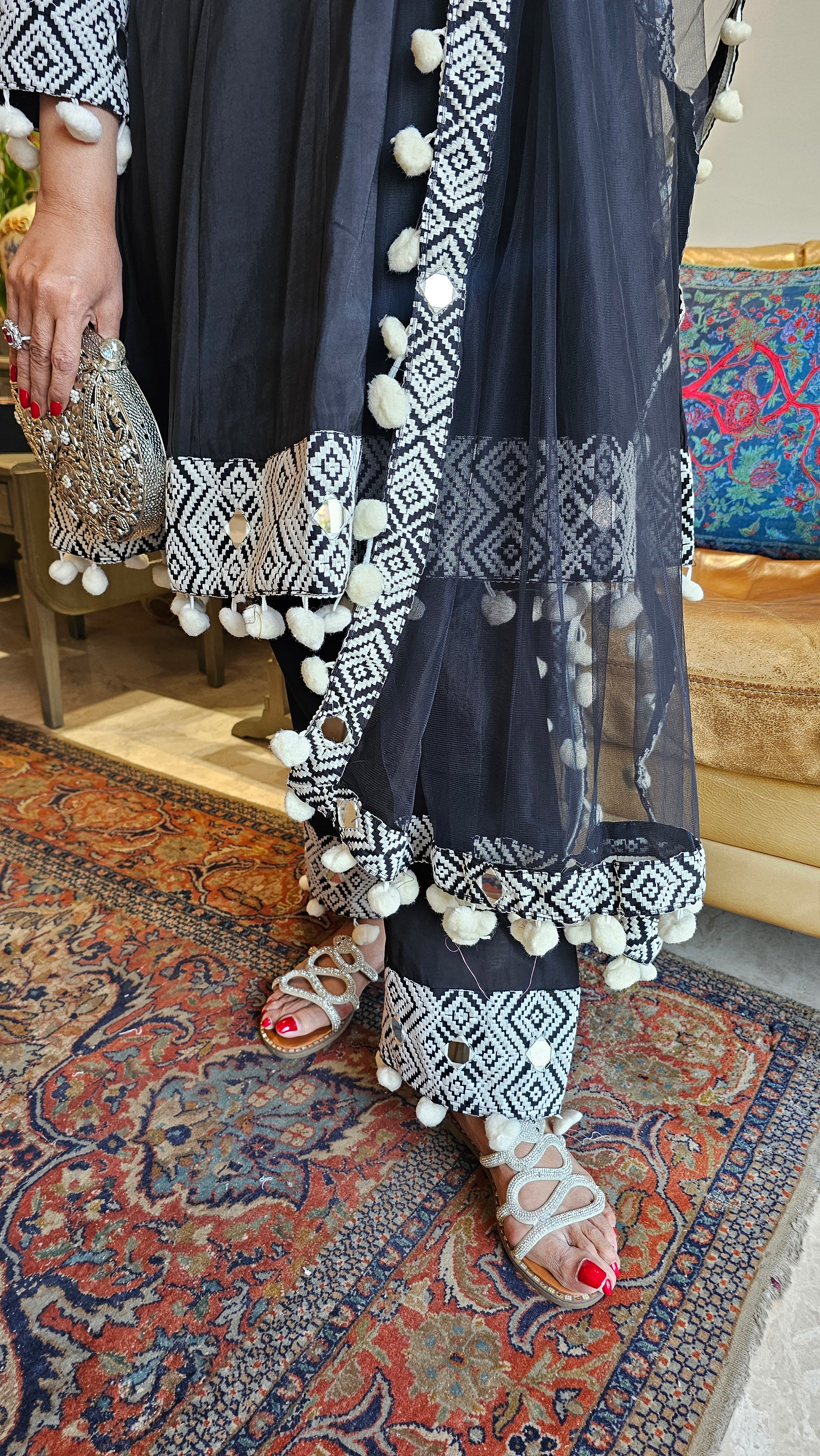 Beautiful Black Muslin 3 piece set with Mirror & Thread work