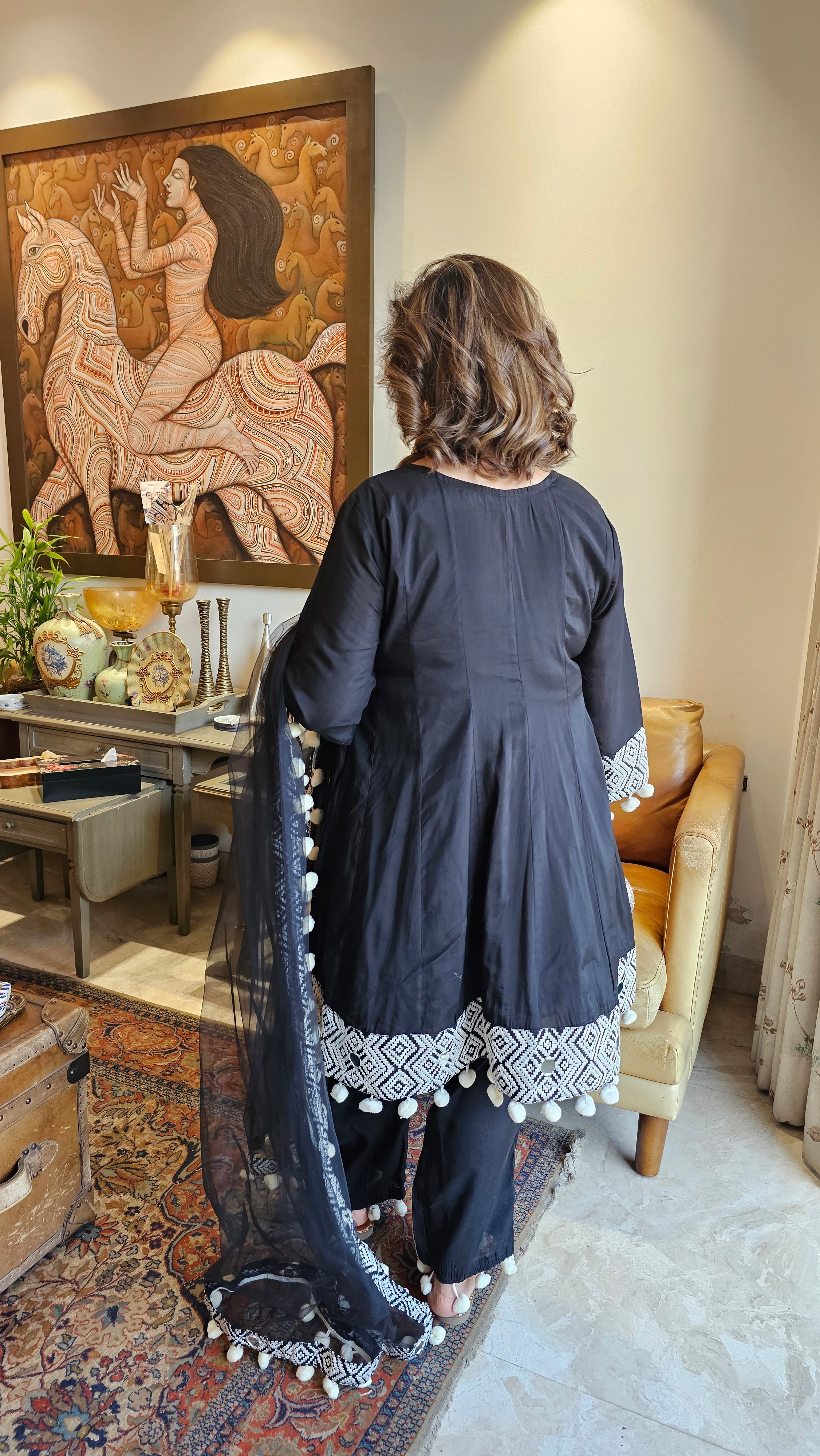 Beautiful Black Muslin 3 piece set with Mirror & Thread work
