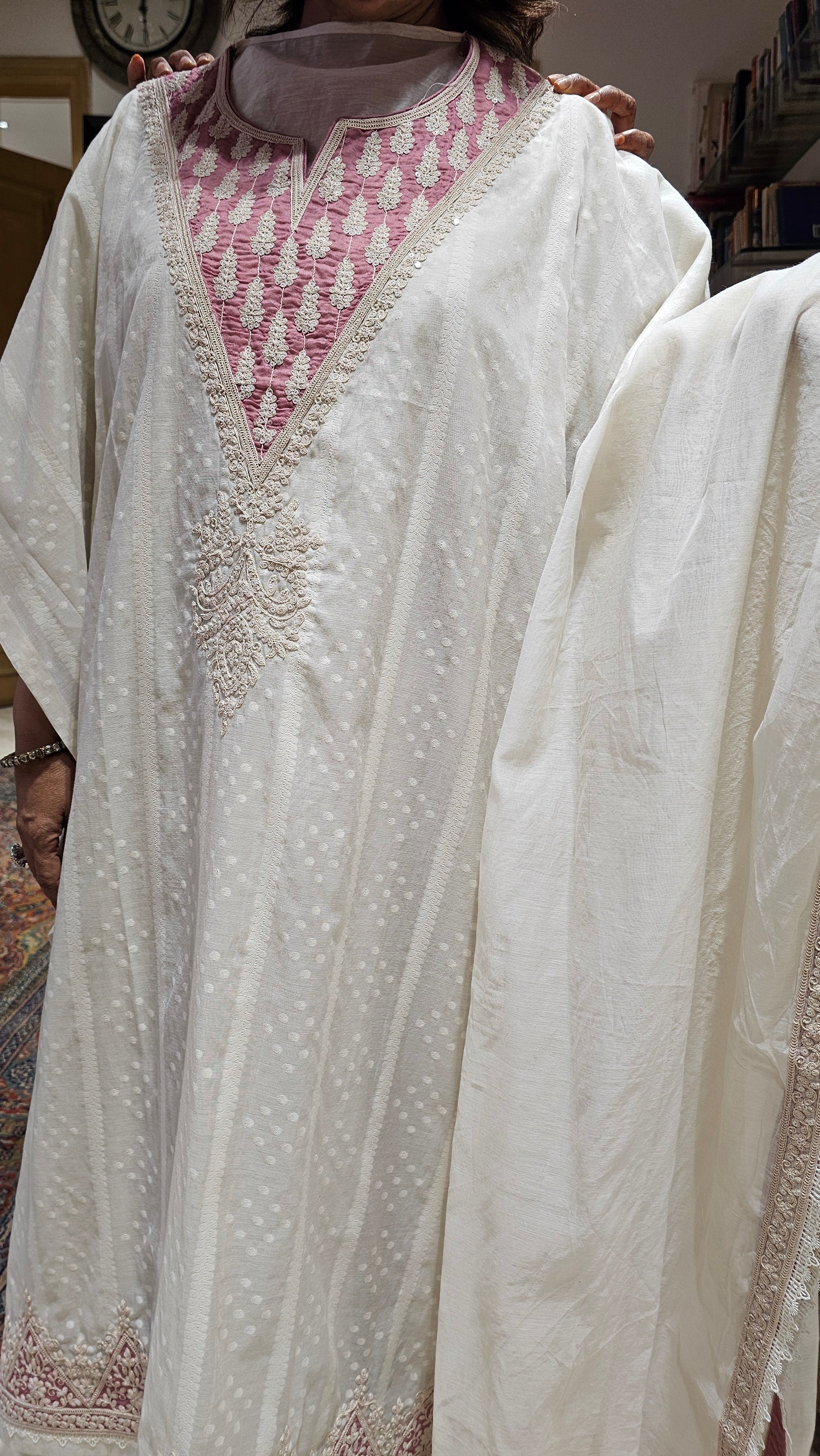 Beautiful mul chanderi top and dupatta with santoon bottom embellished with thread work