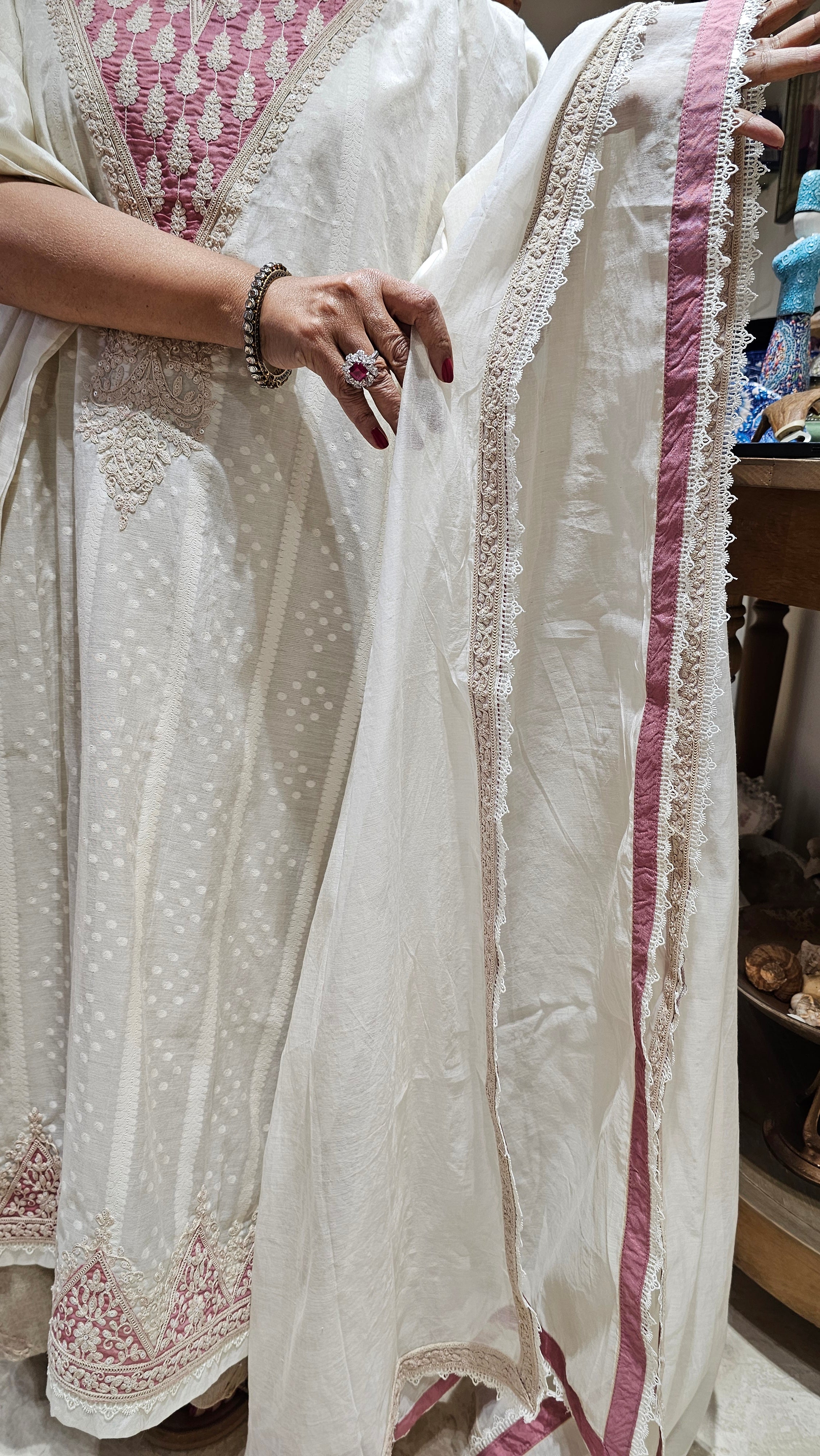 Beautiful mul chanderi top and dupatta with santoon bottom embellished with thread work