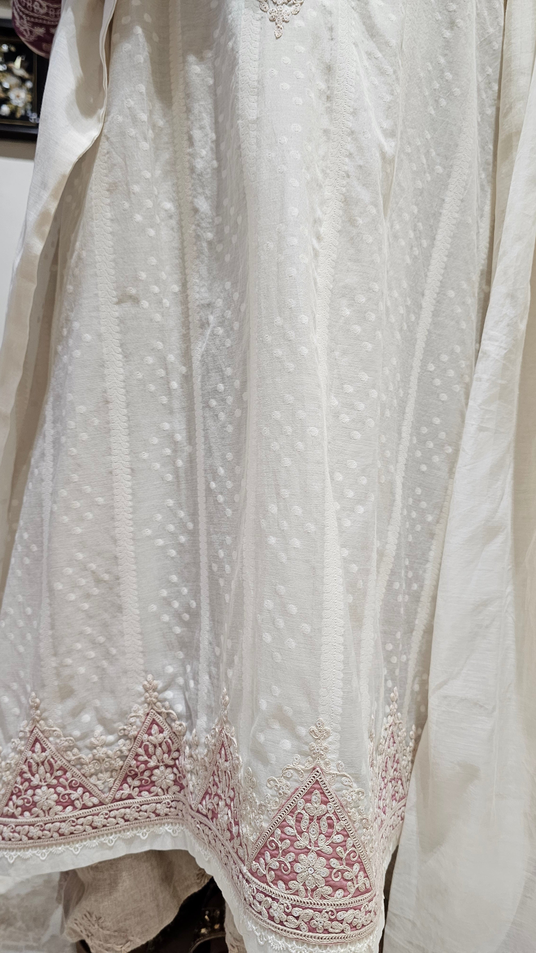 Beautiful mul chanderi top and dupatta with santoon bottom embellished with thread work