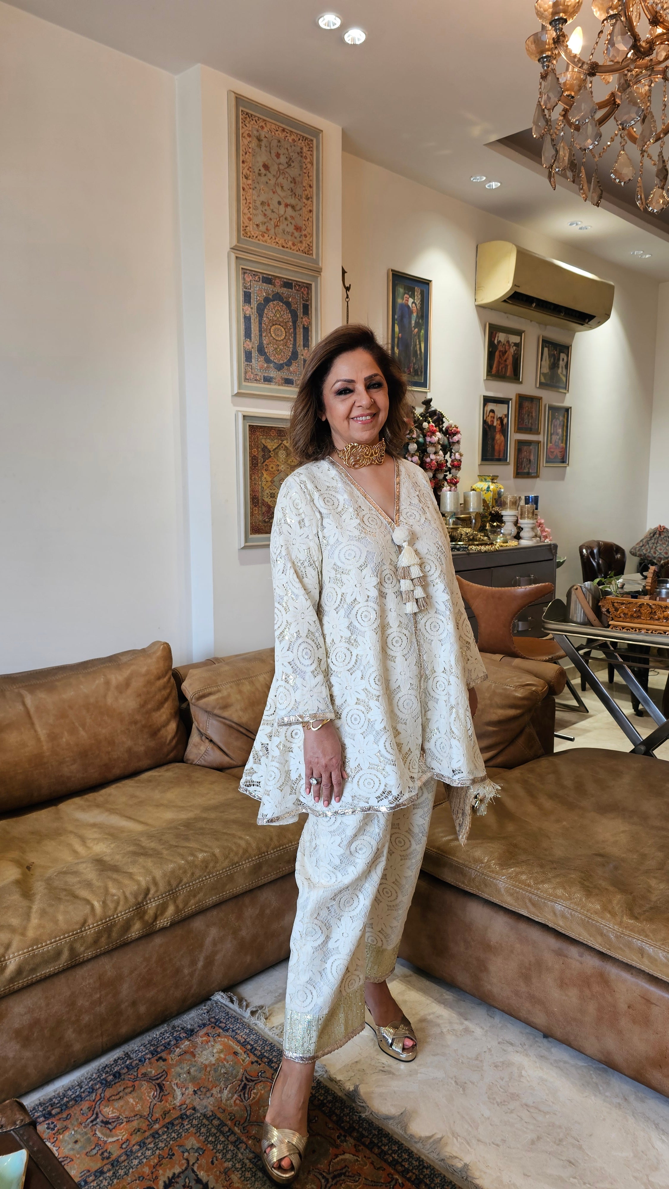 Stunning Lace Fabric Outfit Fully Lined with Gold Cotton Trimmed With Gota Kinari & Fumman