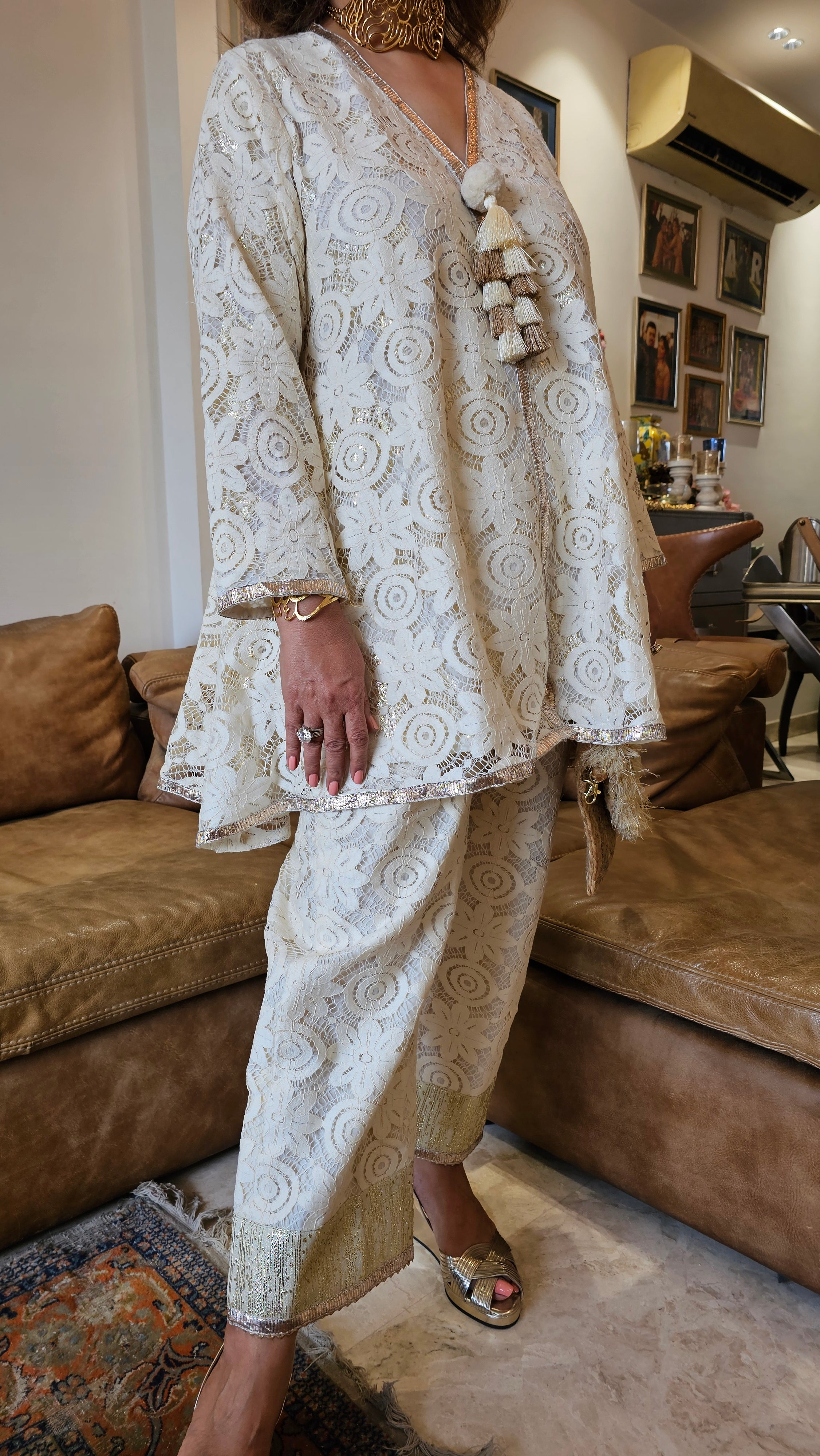 Stunning Lace Fabric Outfit Fully Lined with Gold Cotton Trimmed With Gota Kinari & Fumman