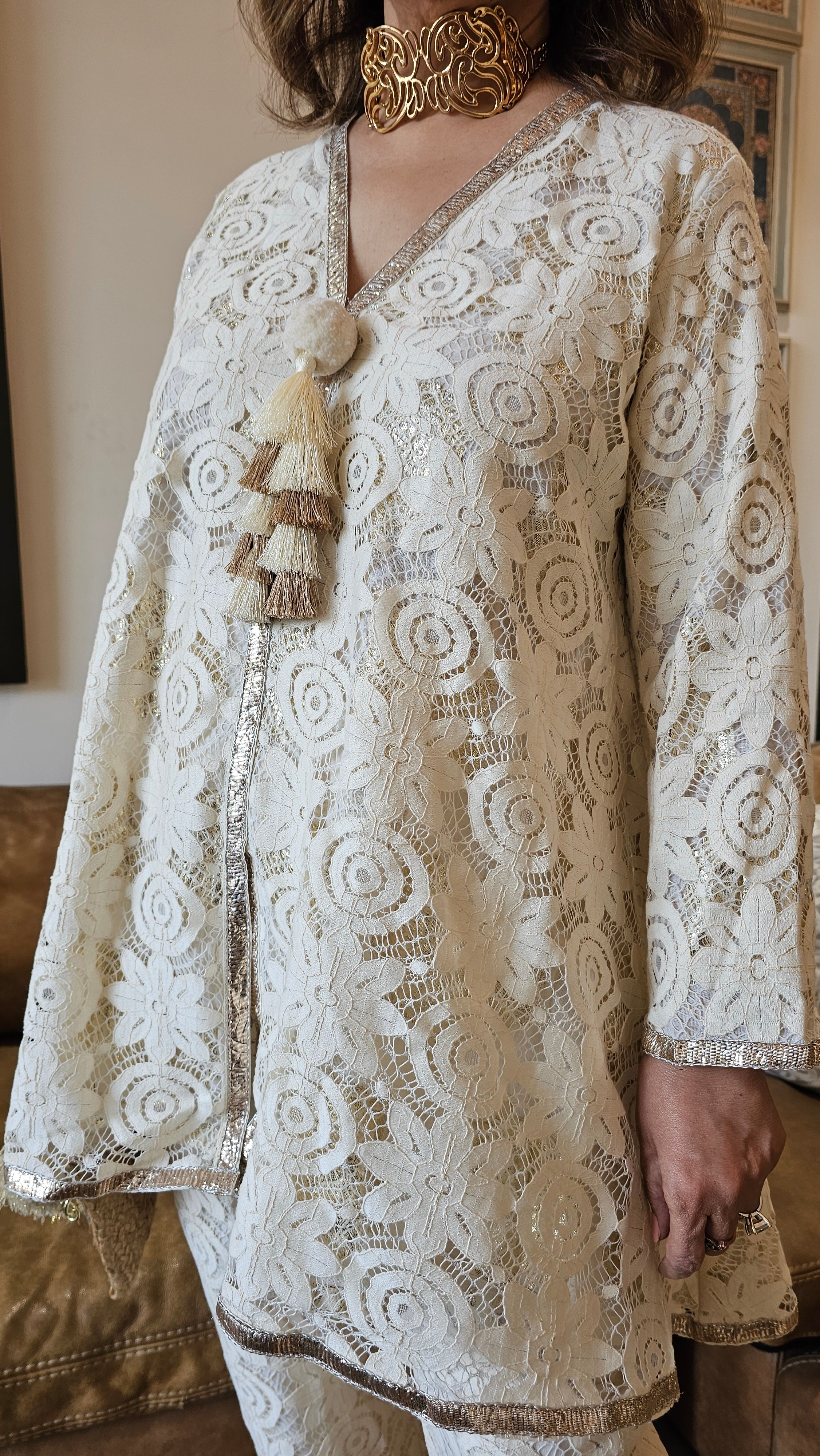 Stunning Lace Fabric Outfit Fully Lined with Gold Cotton Trimmed With Gota Kinari & Fumman