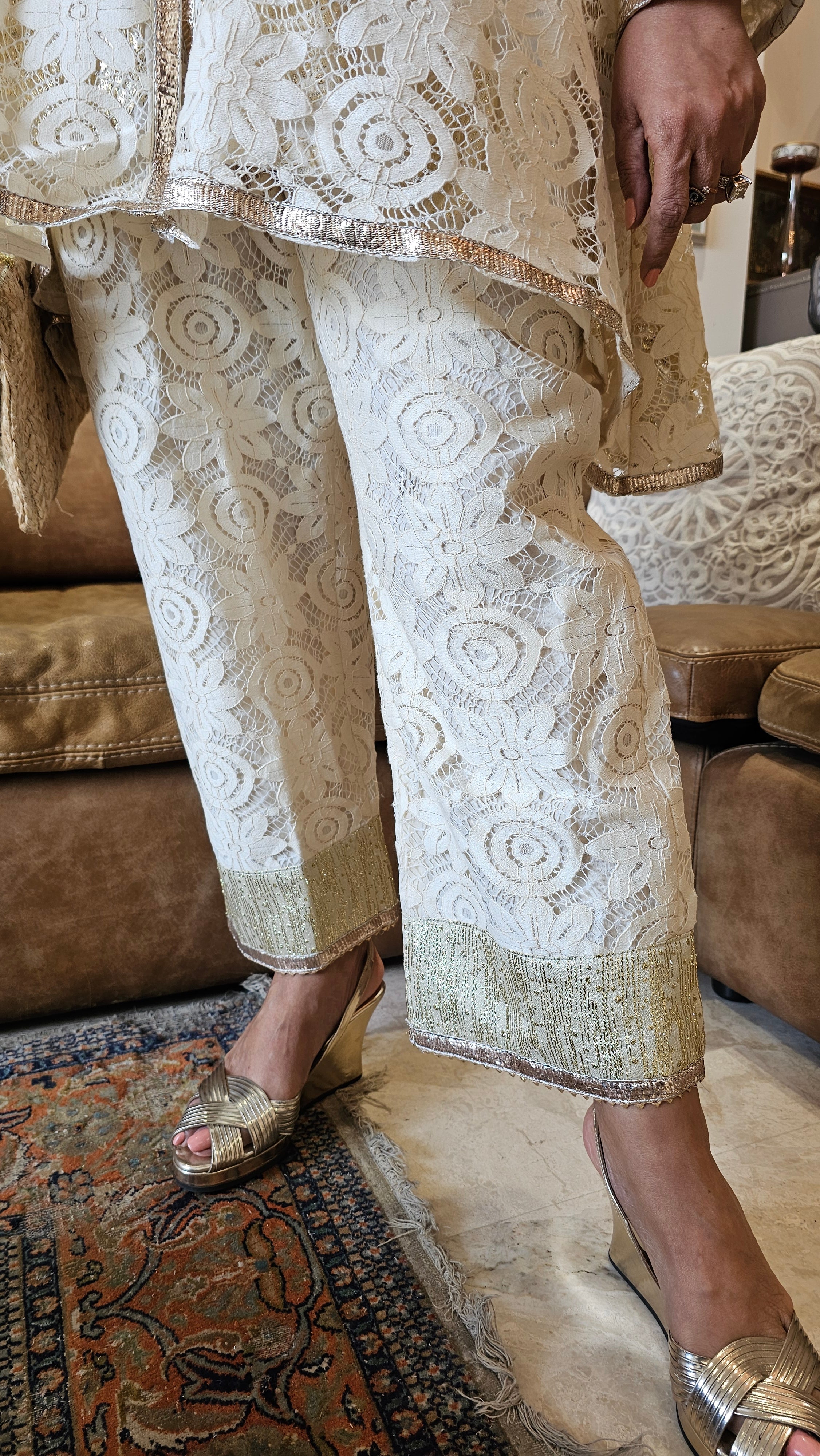 Stunning Lace Fabric Outfit Fully Lined with Gold Cotton Trimmed With Gota Kinari & Fumman