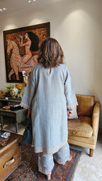 Beautiful Grey Linen embroidered pants with dori work embroidery kurta trimmed with laces