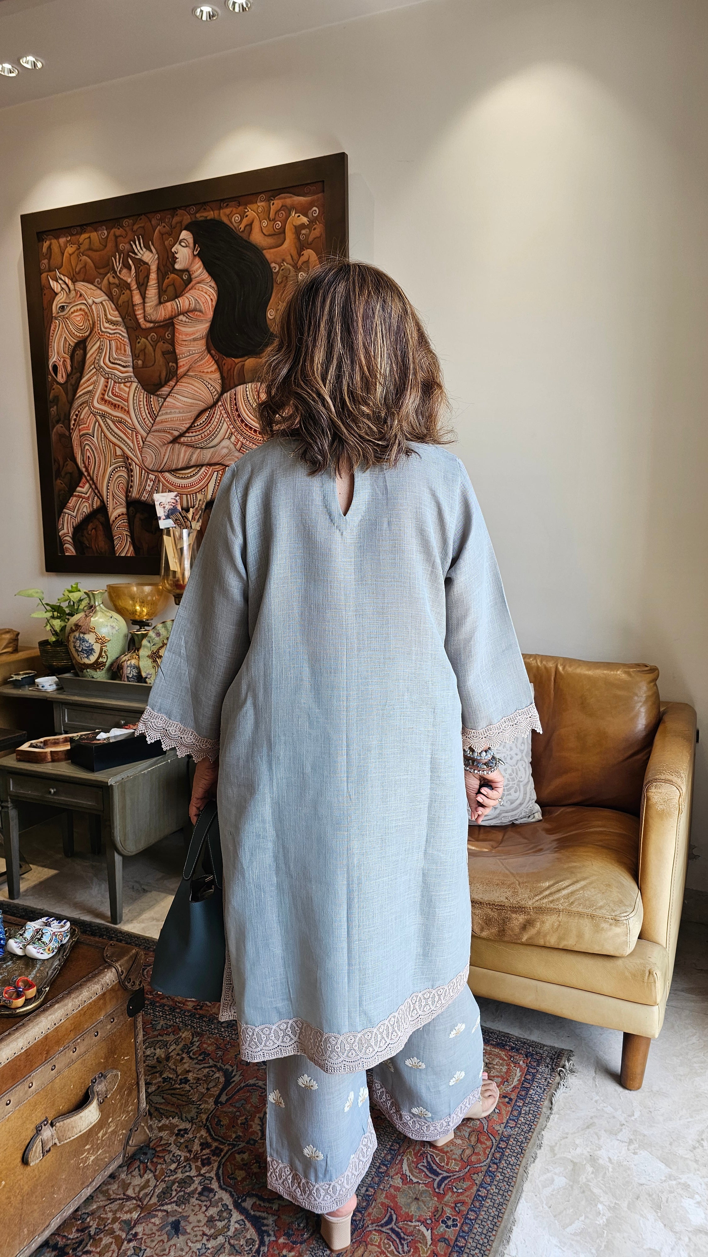 Beautiful Grey Linen embroidered pants with dori work embroidery kurta trimmed with laces