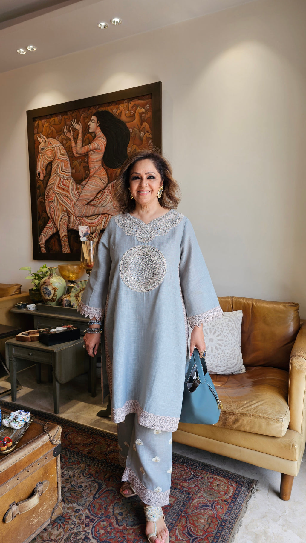 Beautiful Grey Linen embroidered pants with dori work embroidery kurta trimmed with laces