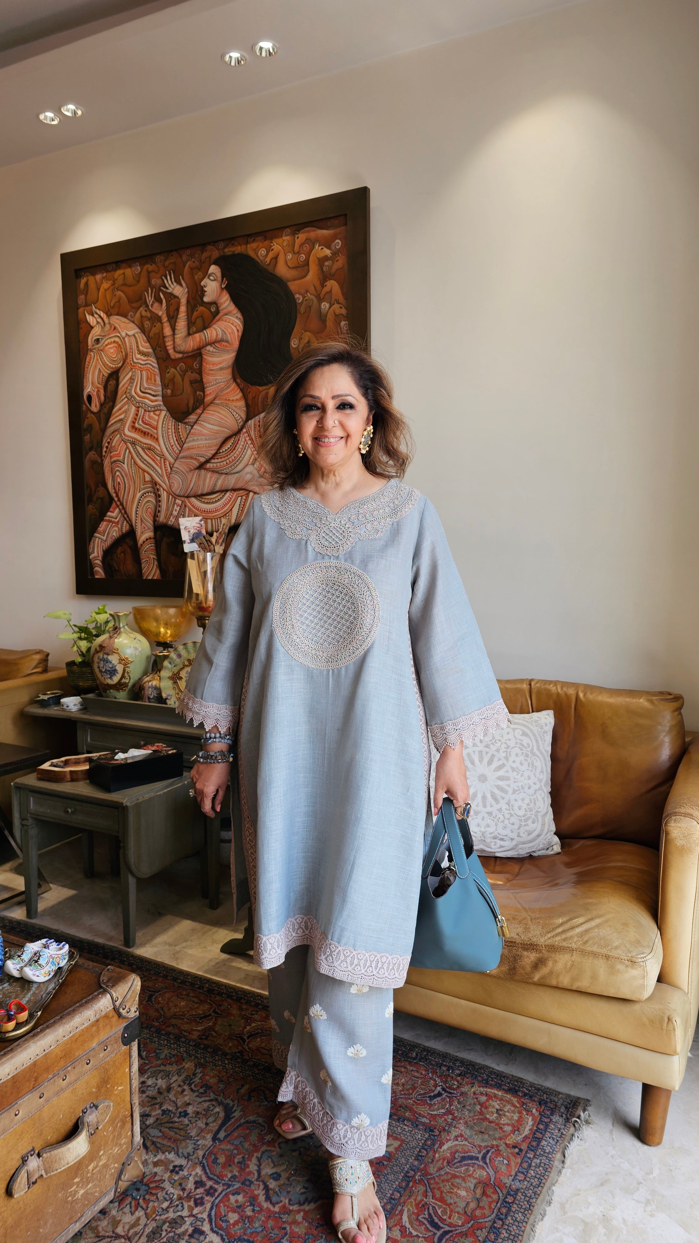 Beautiful Grey Linen embroidered pants with dori work embroidery kurta trimmed with laces
