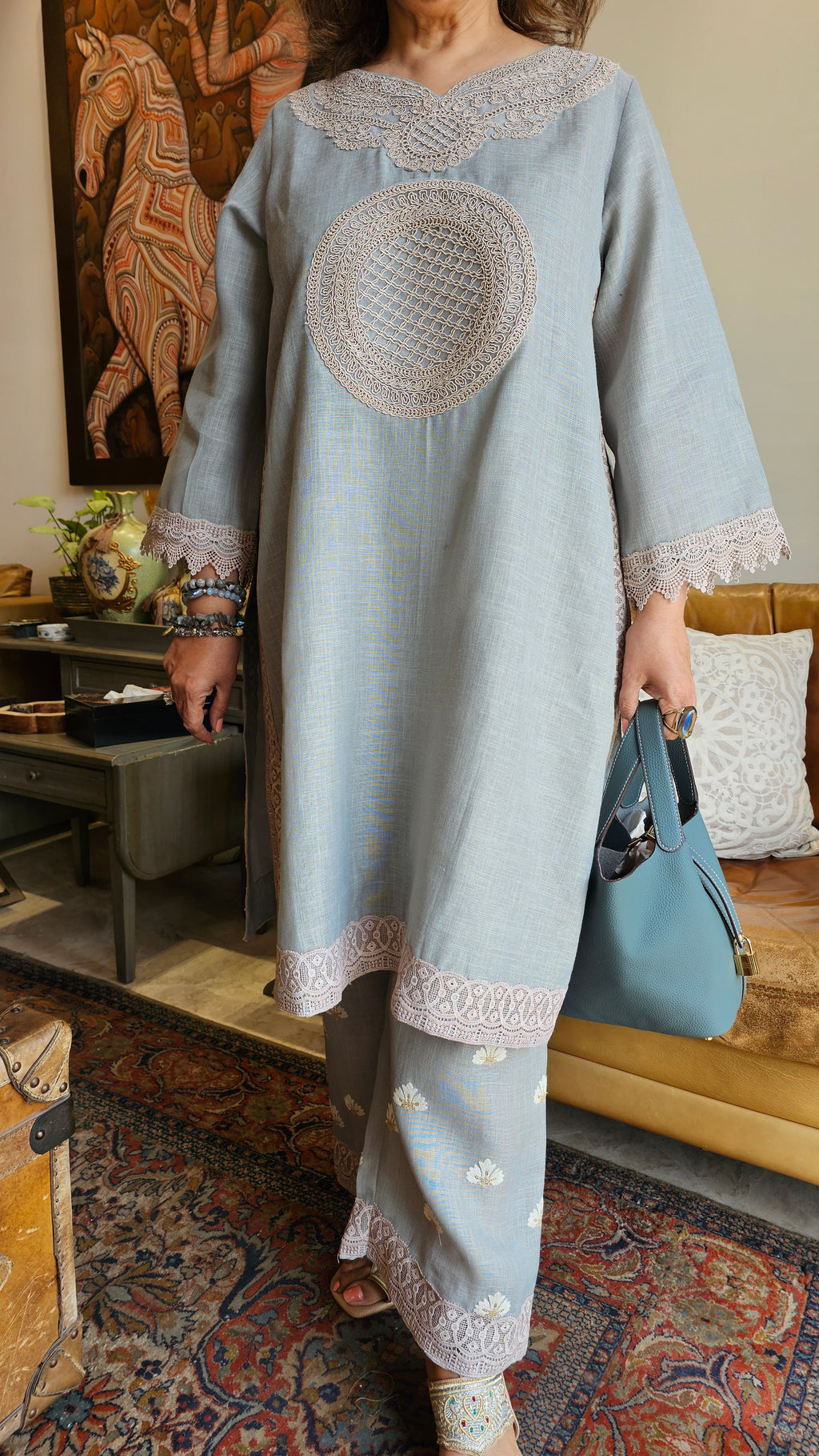 Beautiful Grey Linen embroidered pants with dori work embroidery kurta trimmed with laces